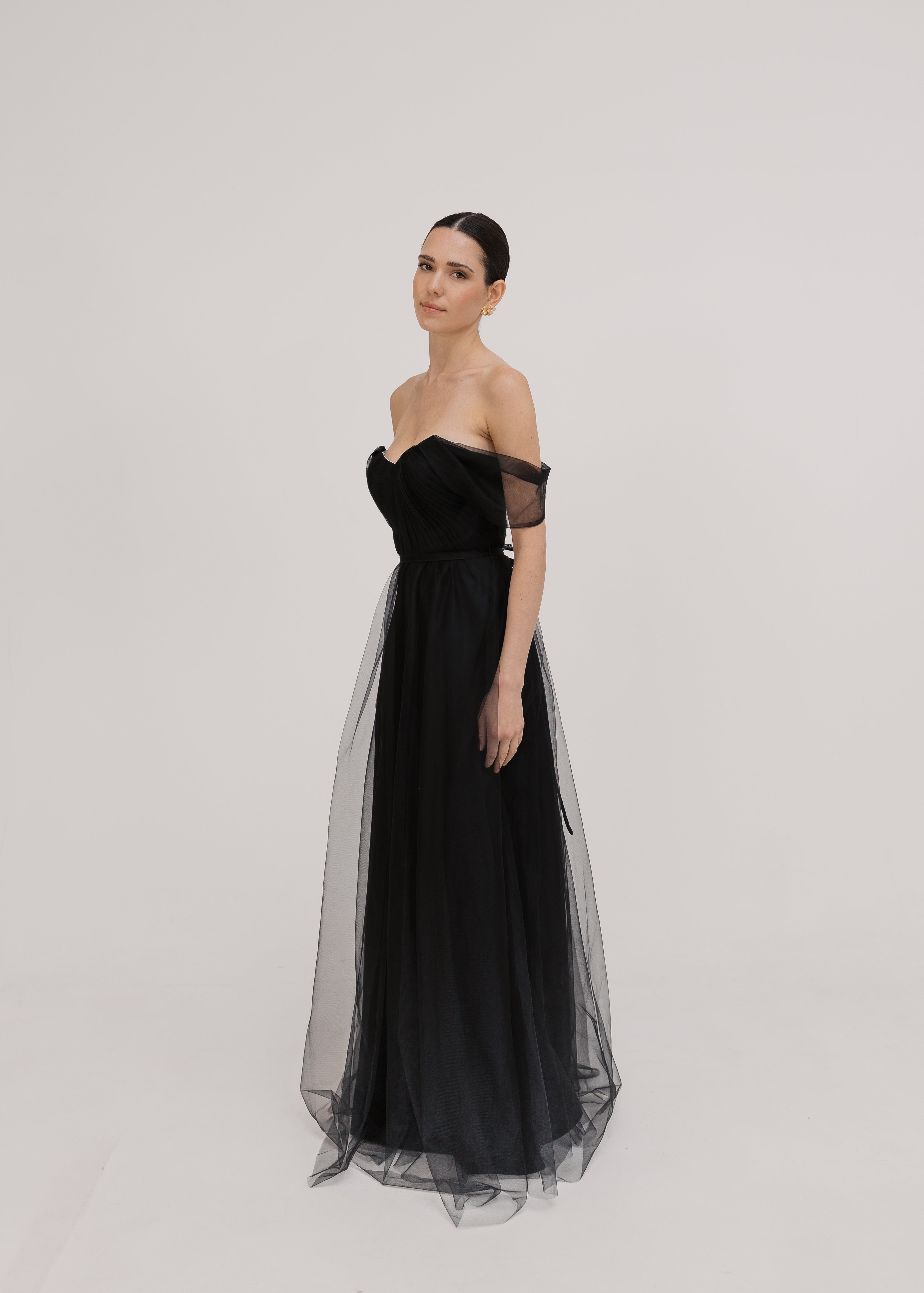 Bardot Bridesmaid Dress in Black Tulle