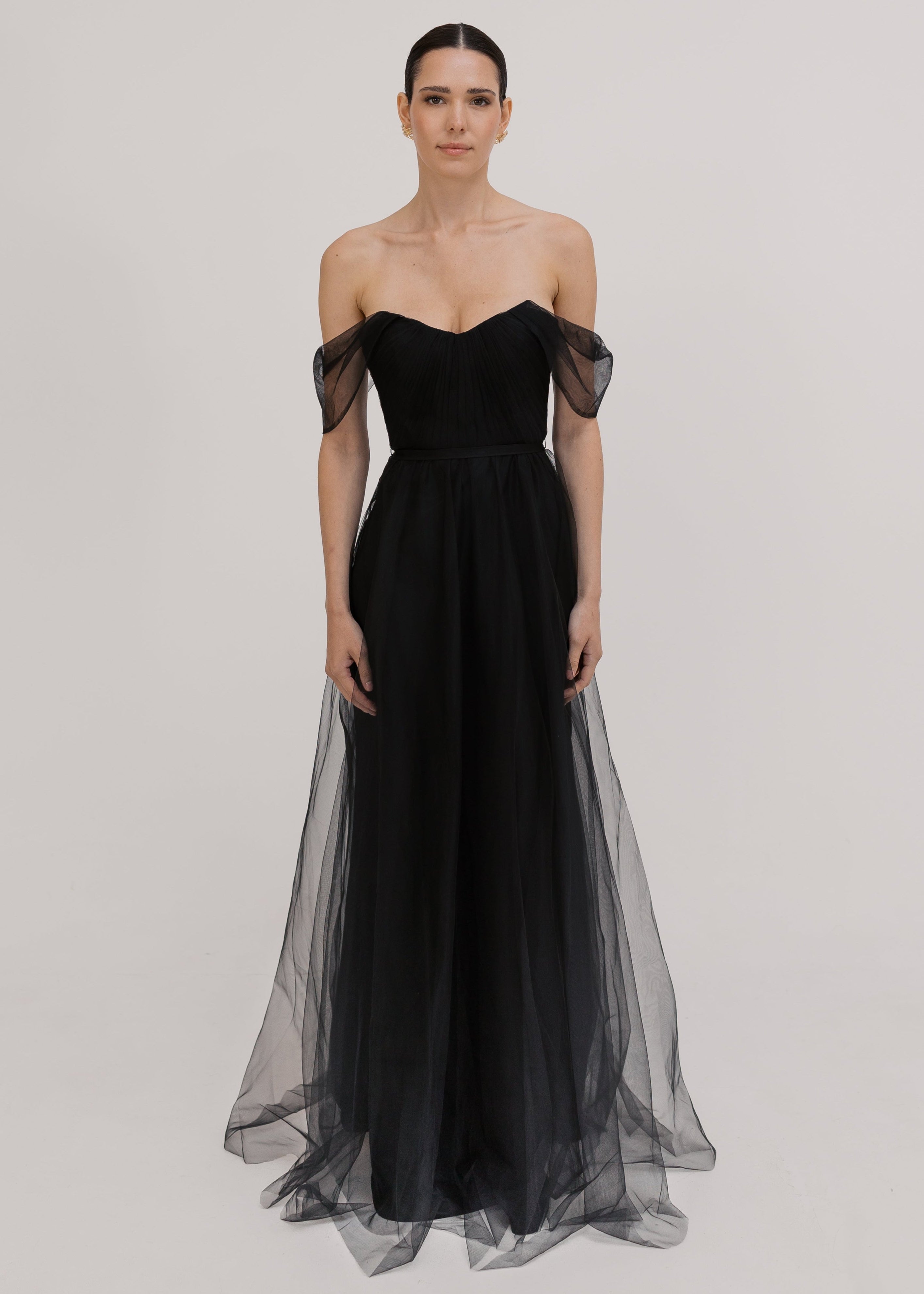 Bardot Bridesmaid Dress in Black Tulle