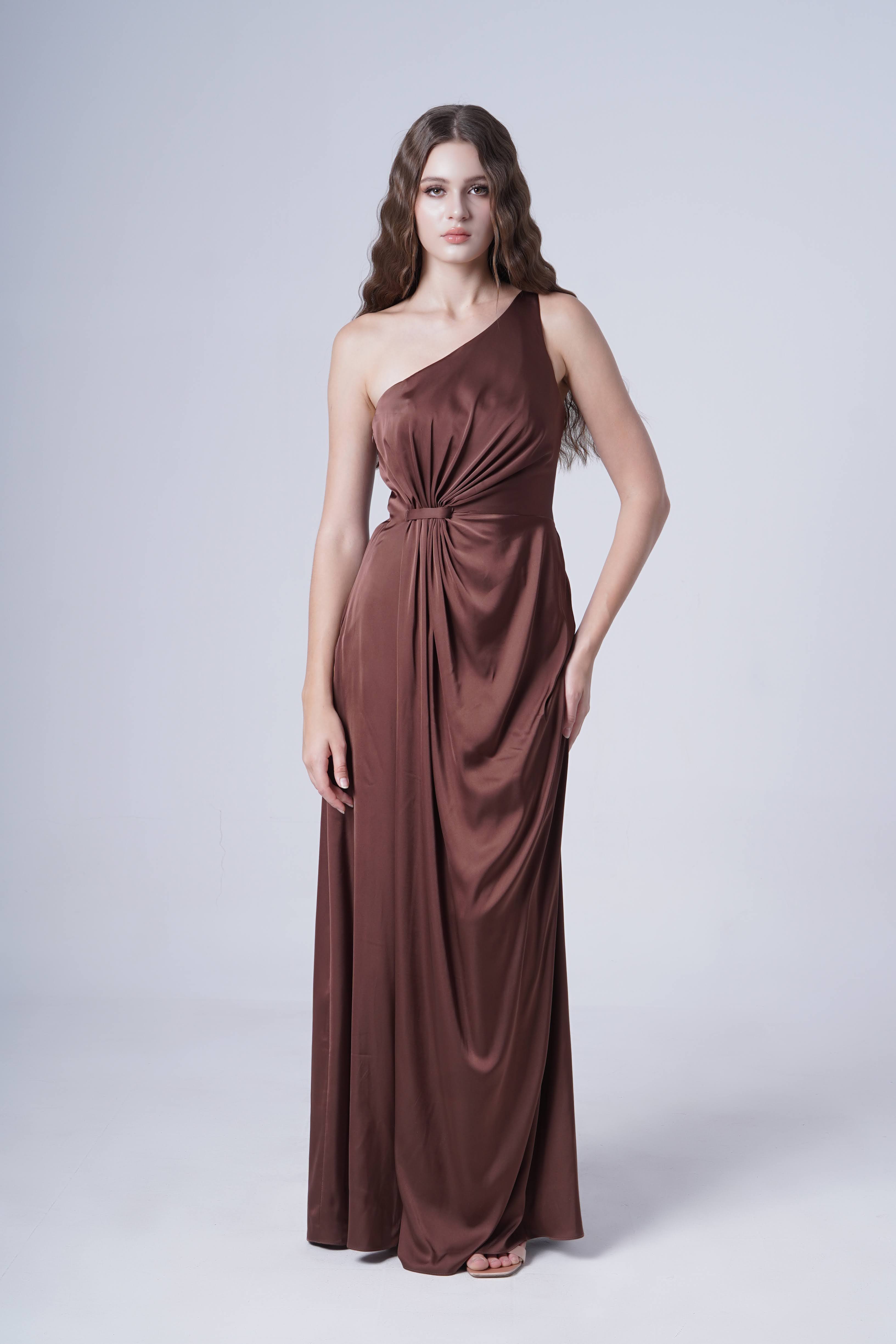 Greta Bridesmaid Dress in Chocolate Brown Satin