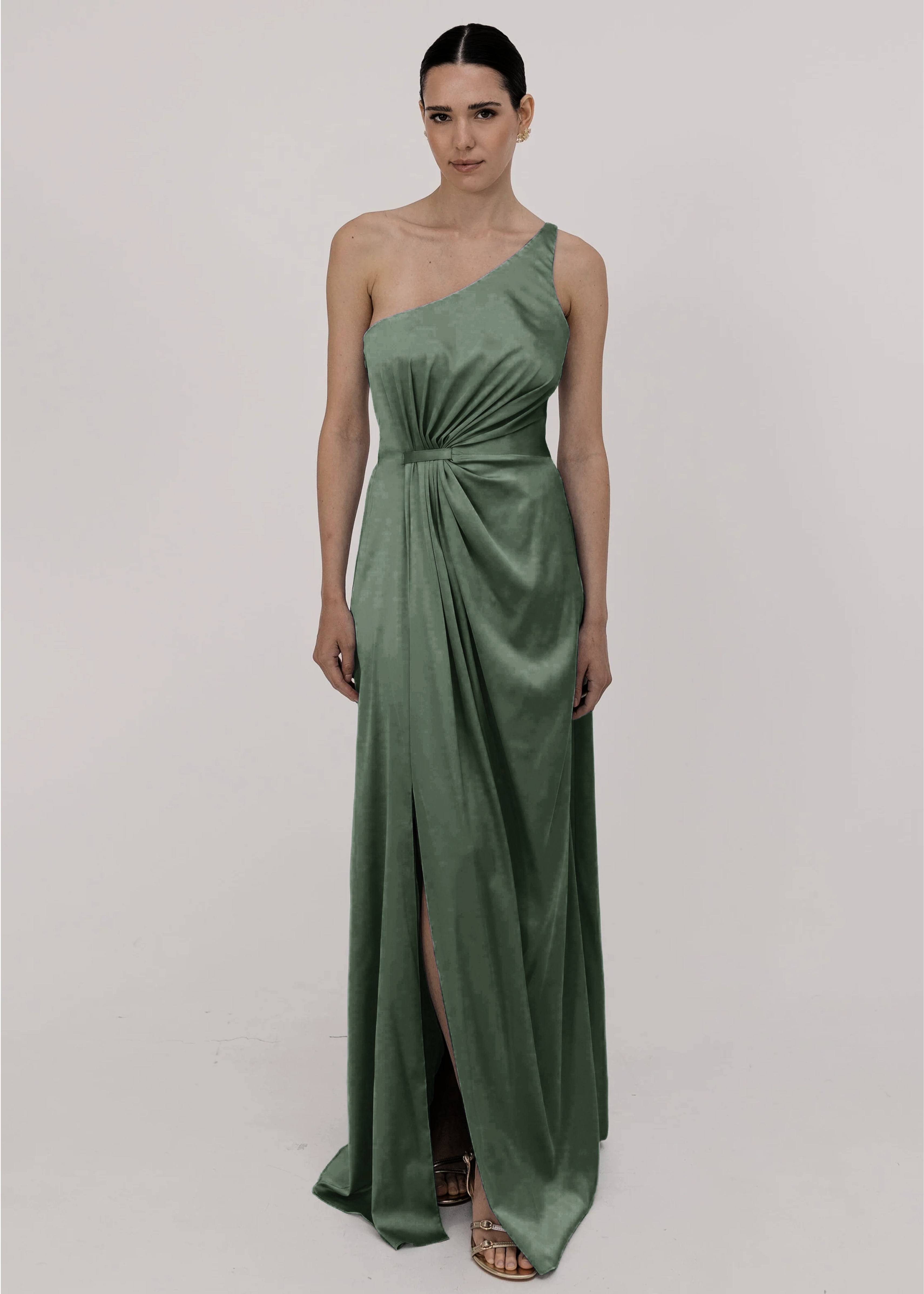 Greta Bridesmaid Dress in Olive Grove Satin