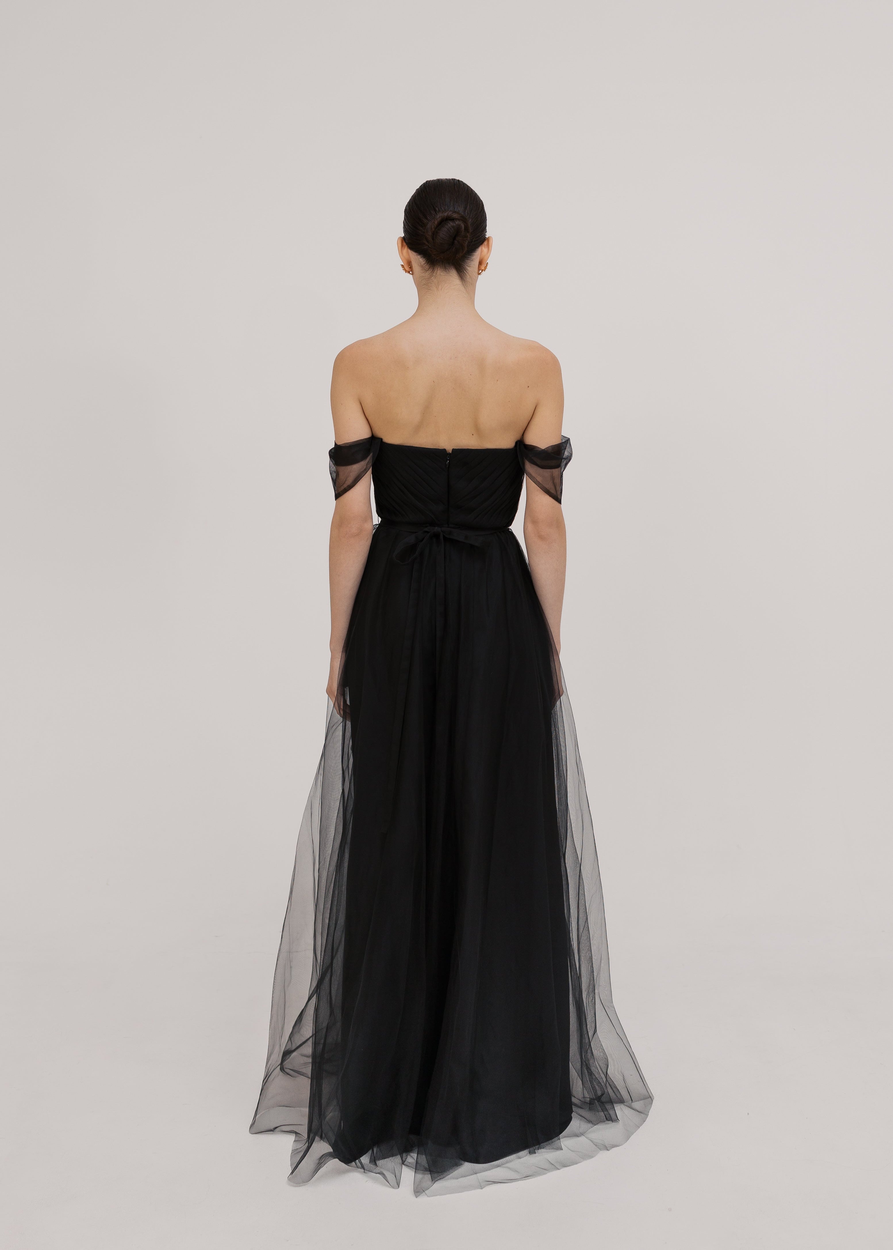 Bardot Bridesmaid Dress in Black Tulle