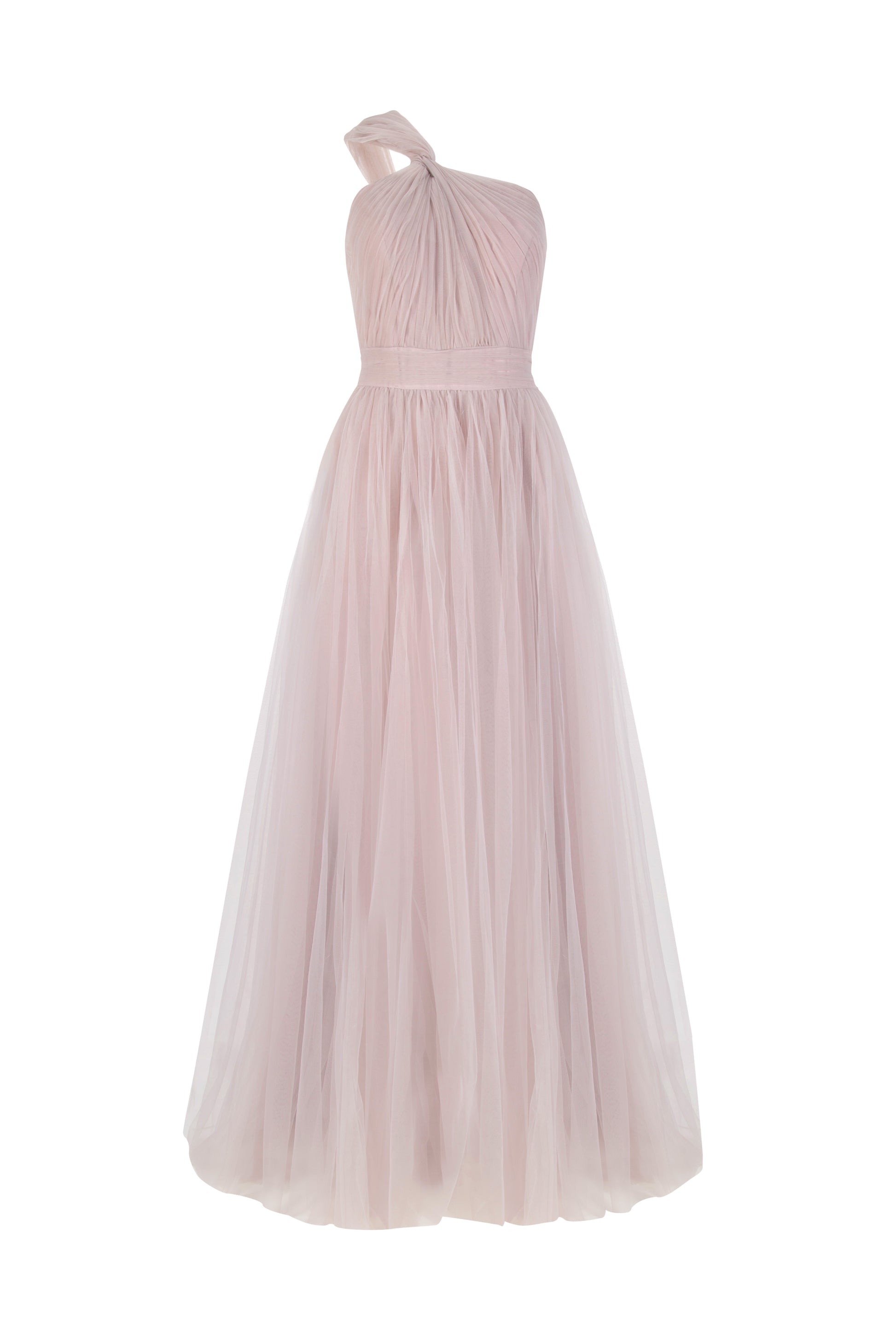 A long smoked blush pink bridesmaid dress with one shoulder and full skirt in tulle.