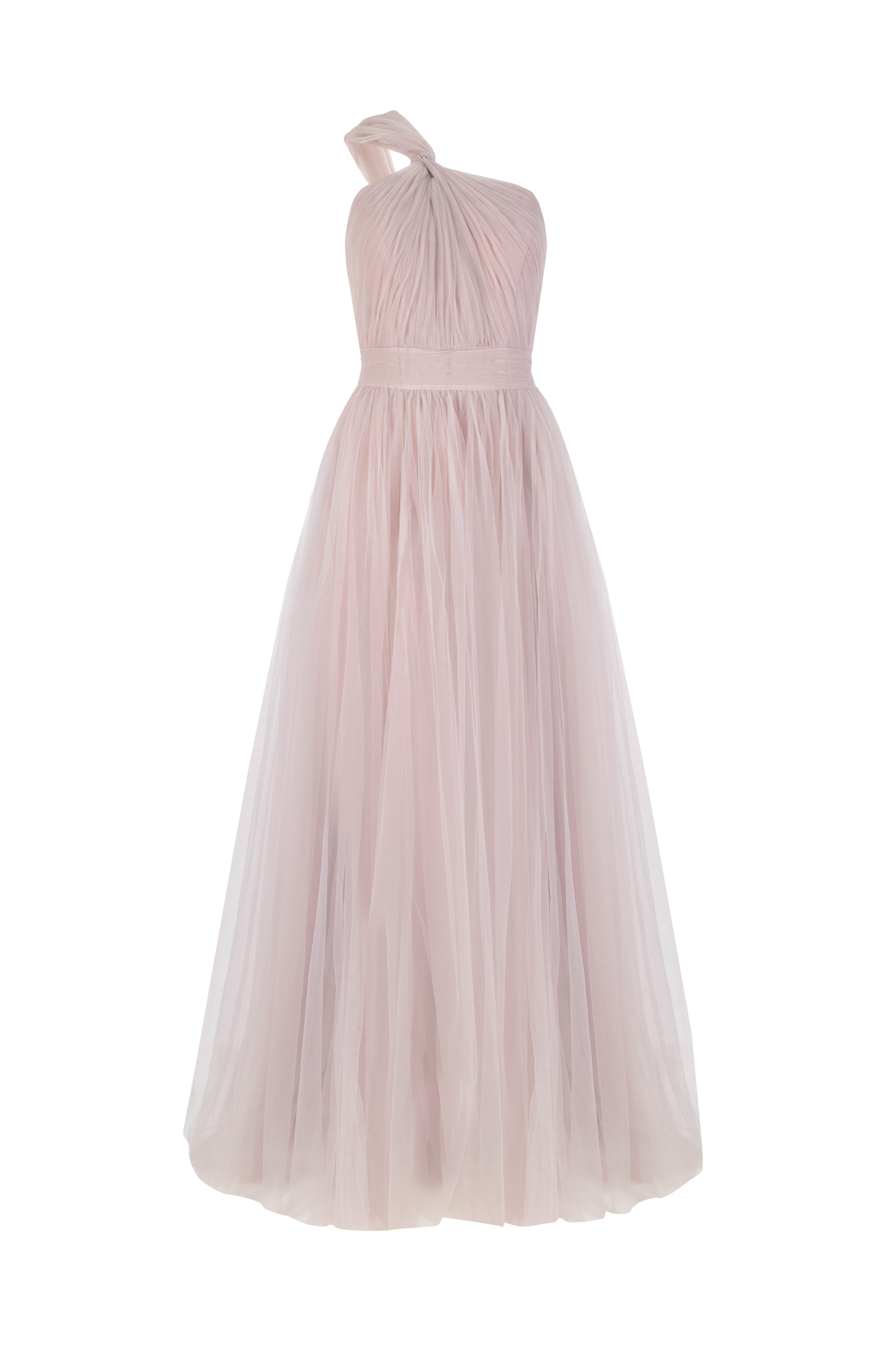 A long smoked blush pink bridesmaid dress with one shoulder and full skirt in tulle.