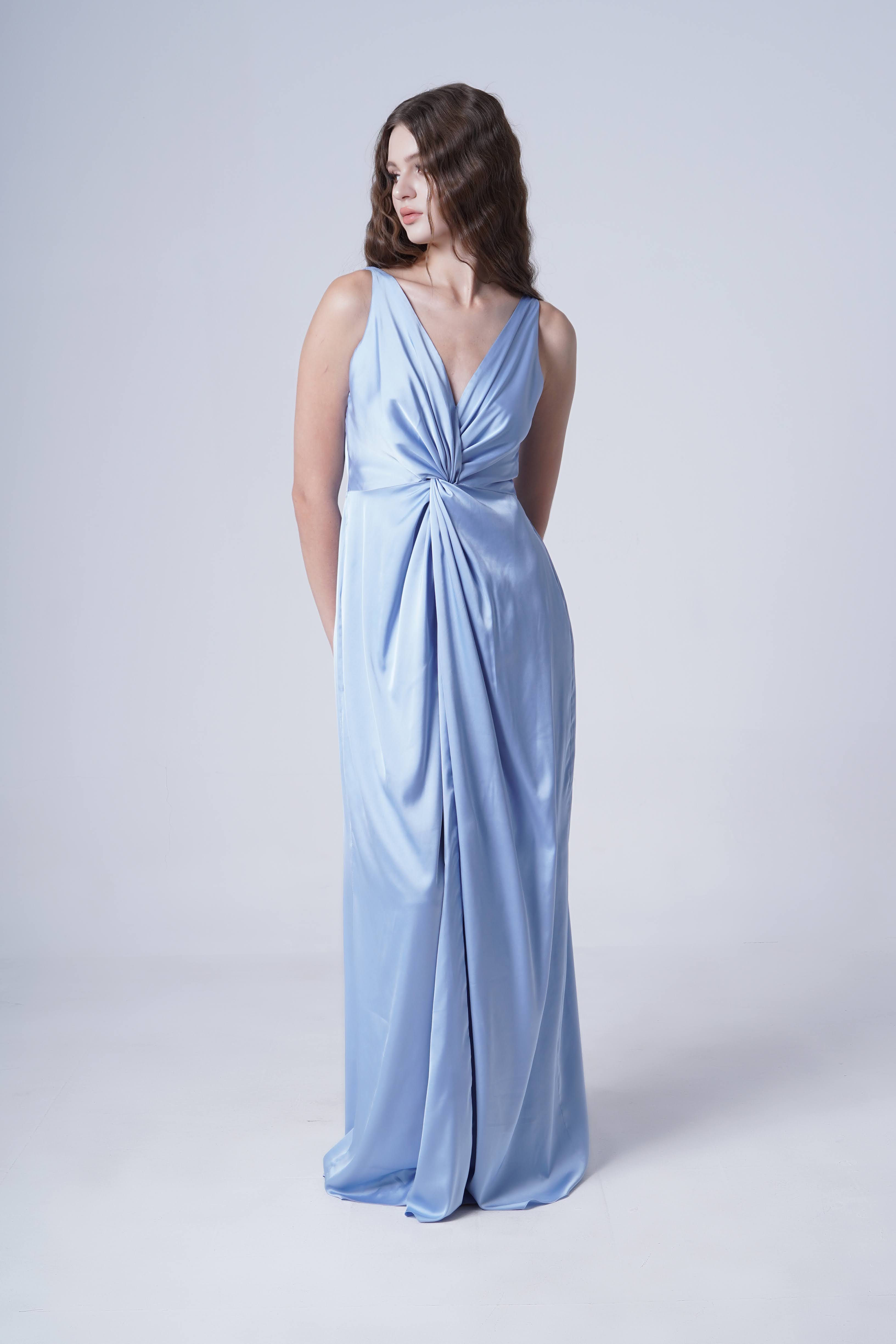 Carmen Bridesmaid Dress in Dusty Blue Satin