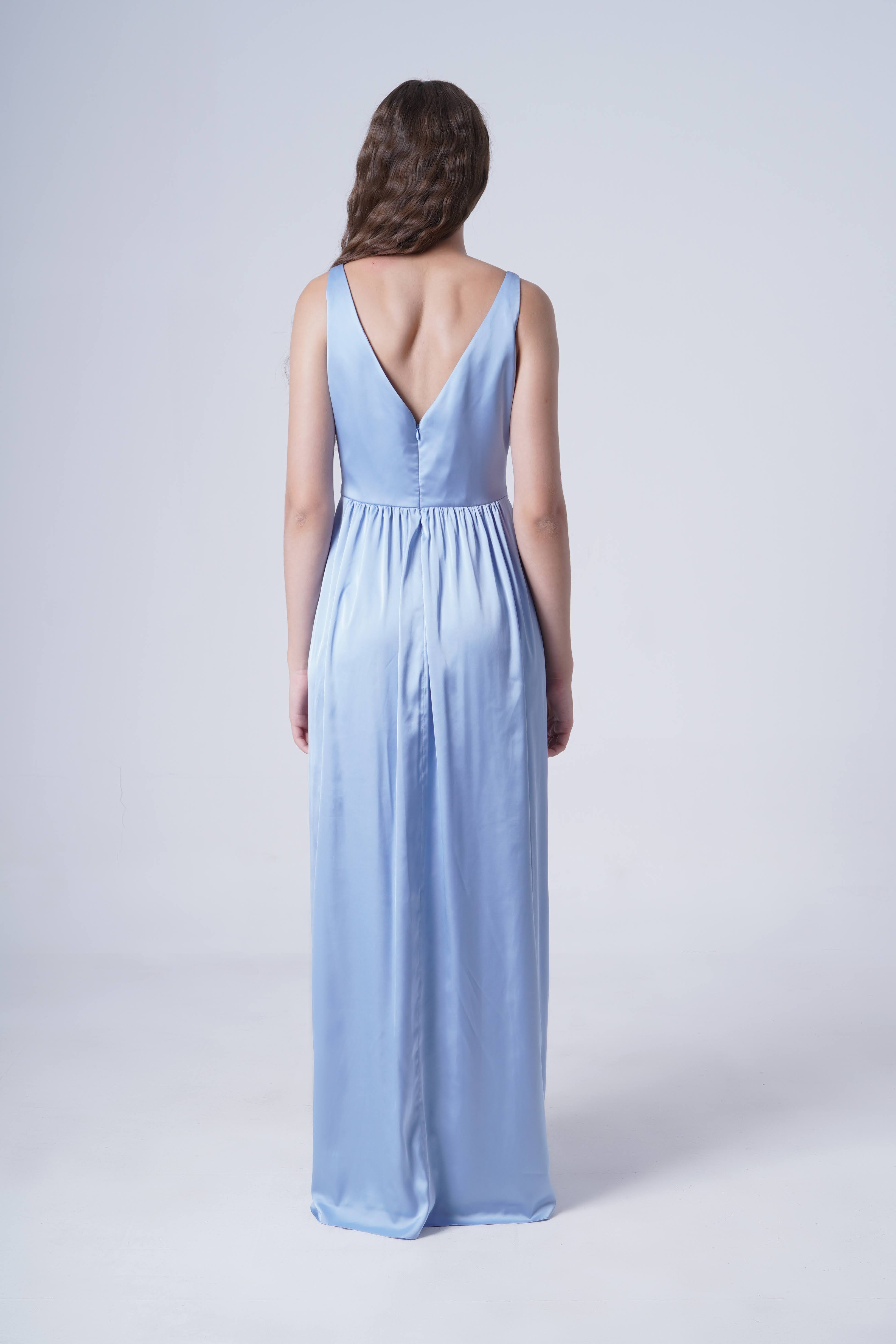 Carmen Bridesmaid Dress in Dusty Blue Satin