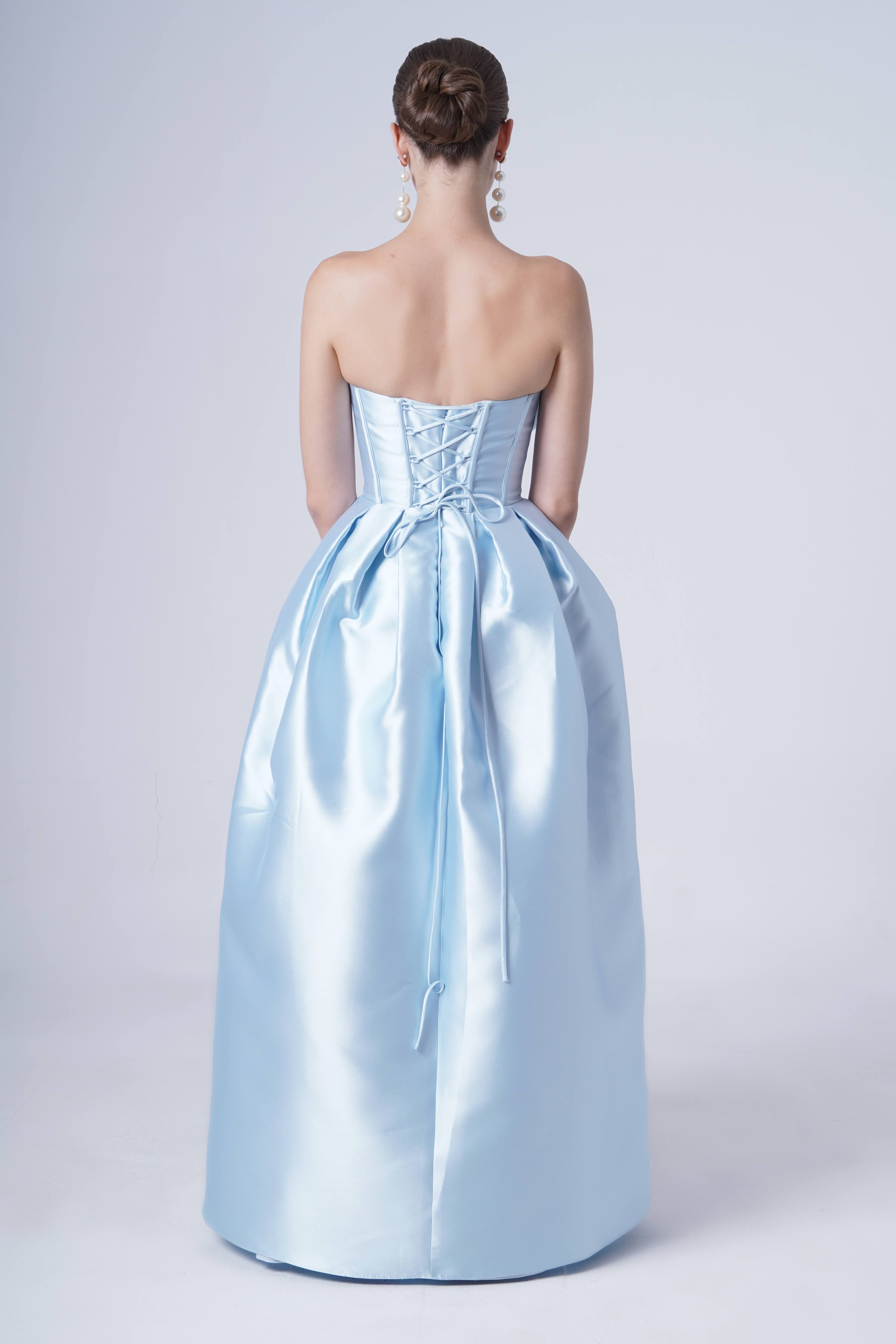 Ophelia Bridesmaid Dress in Frosted Blue Satin Twill