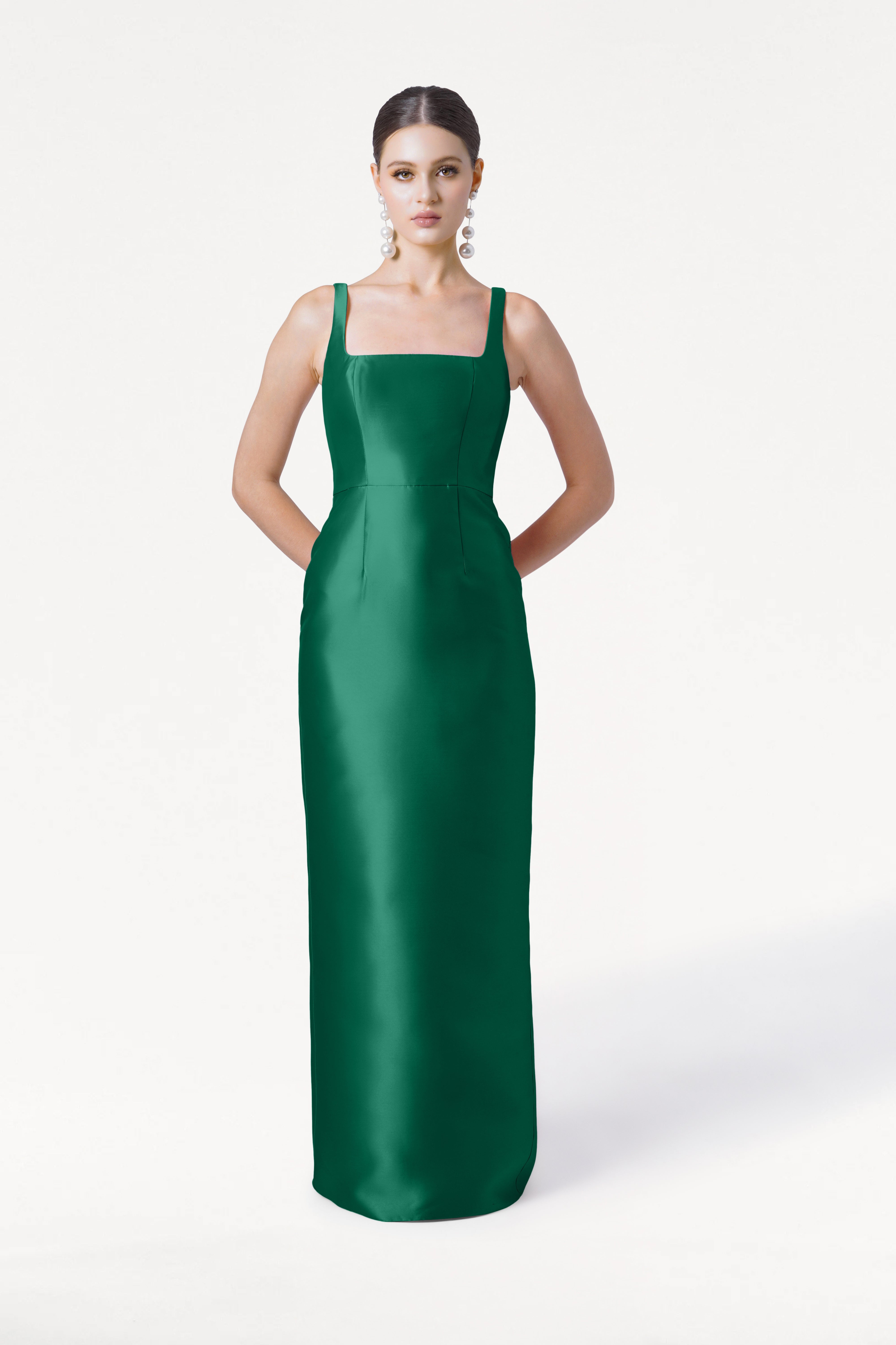 Savoy Bridesmaid Dress in Forest Green Satin Twill