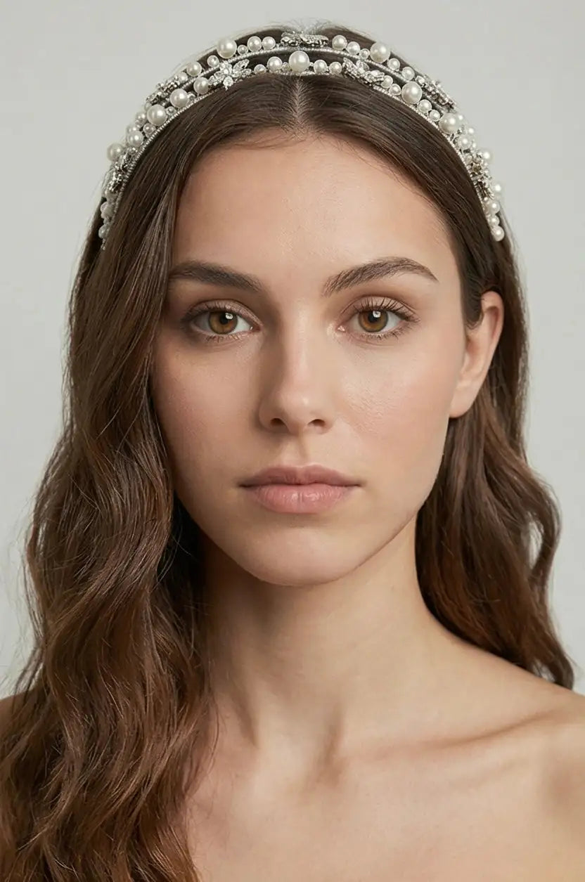 A young woman with long brown wavy hair wears the TH&TH Alta Double Crystal Headband, looking directly at the camera against a plain light background. She has a neutral expression and no visible jewelry.