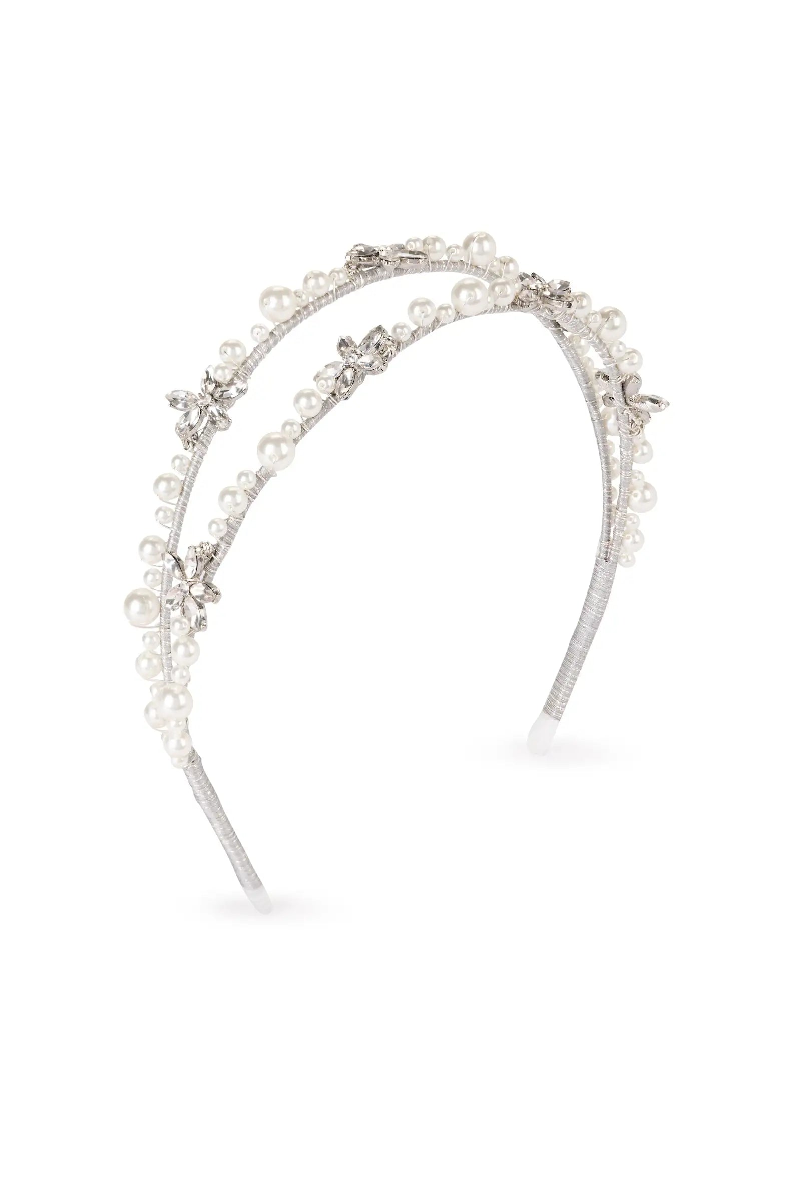 The TH&TH Alta Double Crystal Headband is a silver double bridal accessory featuring white pearls and sparkling crystal embellishments, perfect for adding elegance to your wedding hairstyle.