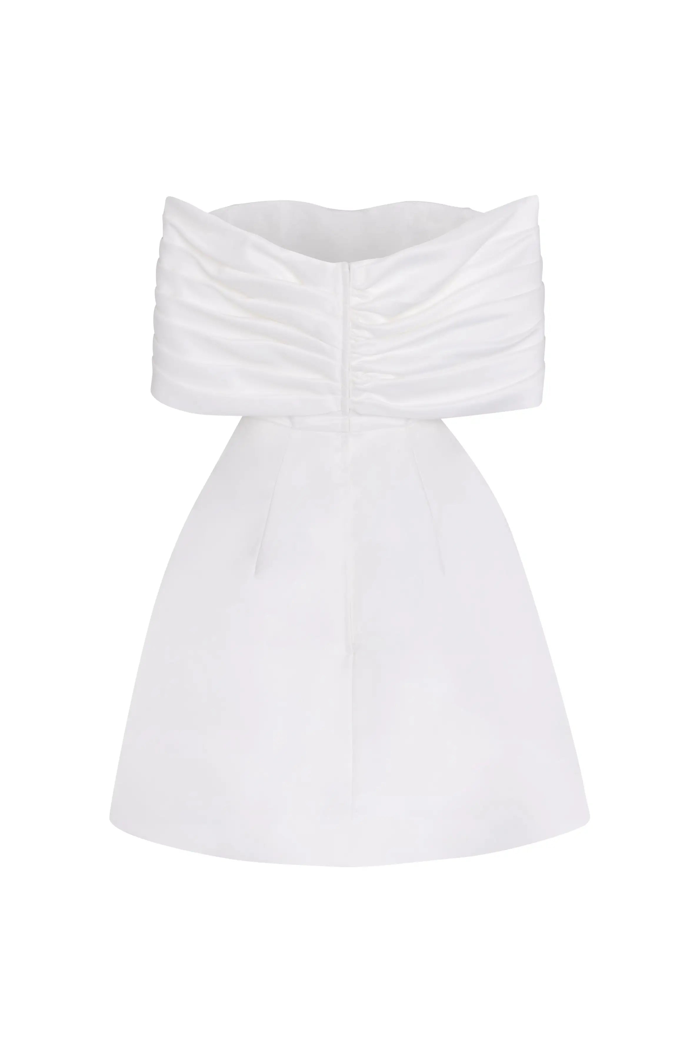 White strapless dress on a white back ground back view.