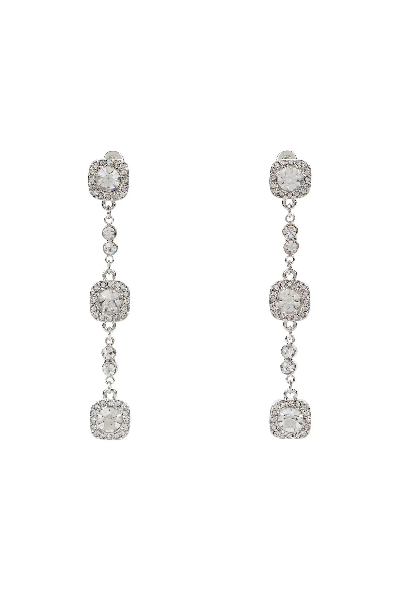 The Astoria Square Crystal Drop Earrings by TH&TH feature three clear round and square crystals framed by sparkling stones in silver-tone metal, making them perfect bridal earrings for your handmade UK bridal jewellery collection.