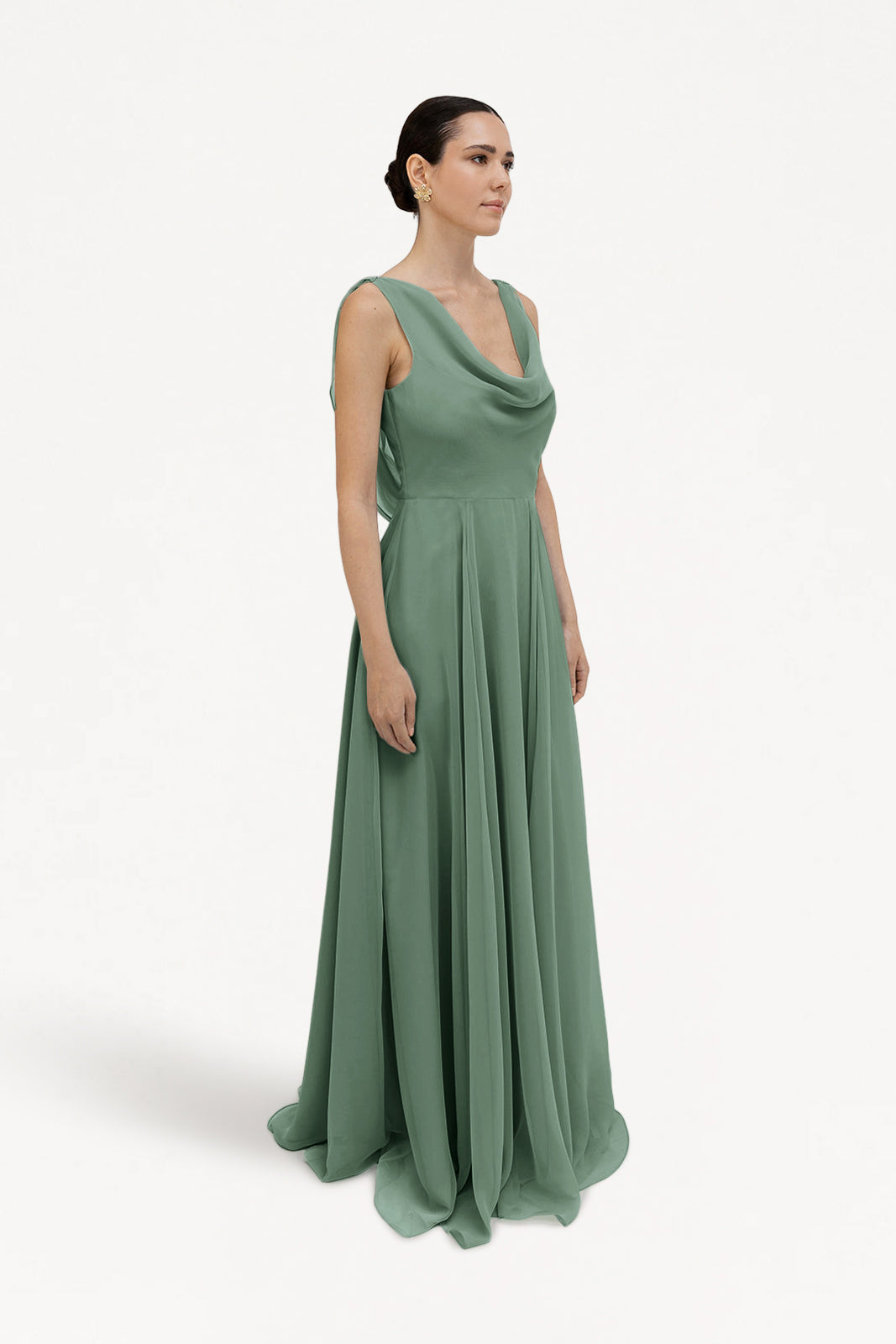 TH&TH Athena Cowl Back Bridesmaid Dress In Sage Green Chiffon TH and TH TH&TH Athena Cowl Back Bridesmaid Dress In Sage Green Chiffon TH and TH