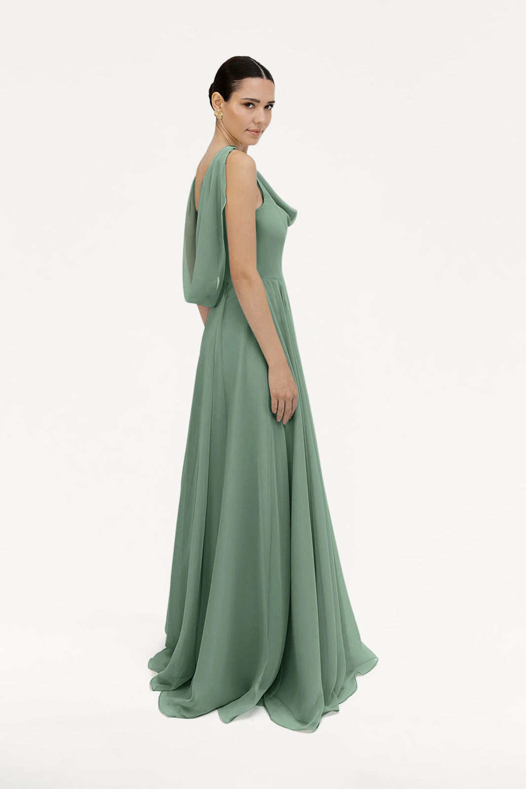 TH&TH Athena Cowl Back Bridesmaid Dress In Sage Green Chiffon TH&TH Athena Cowl Back Bridesmaid Dress In Sage Green Chiffon