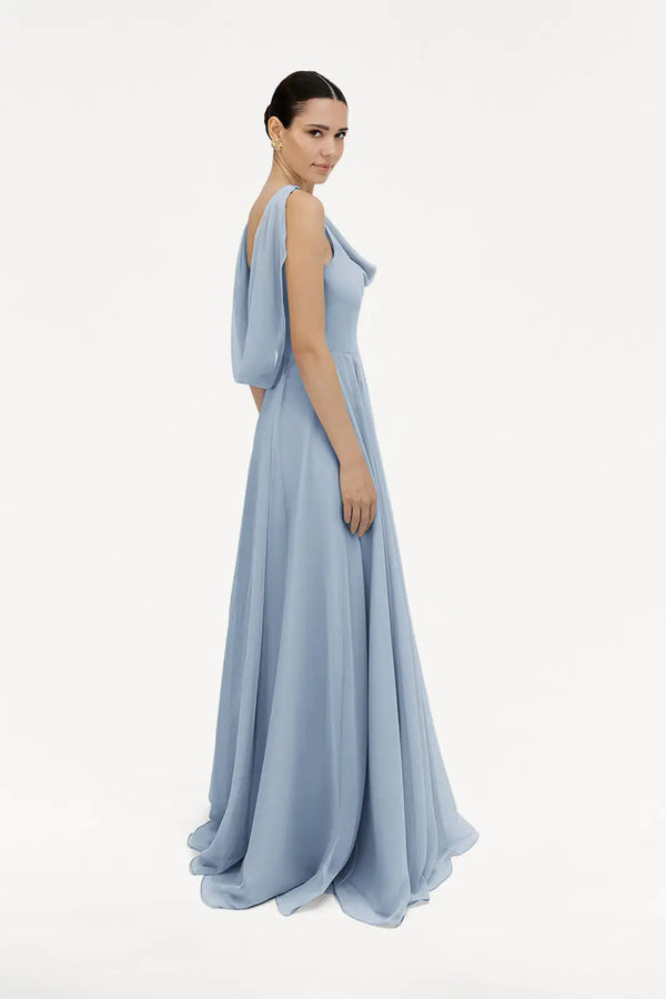 TH&TH Athena Cowl Back Bridesmaid Dress In Sage Green Chiffon
