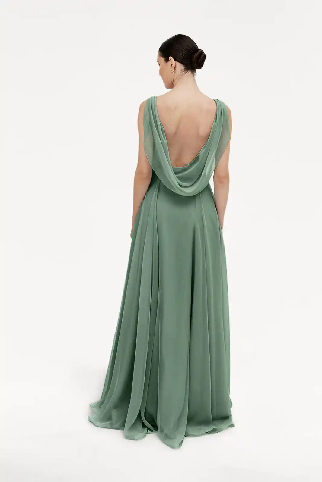 TH&TH Athena Cowl Back Bridesmaid Dress In Sage Green Chiffon