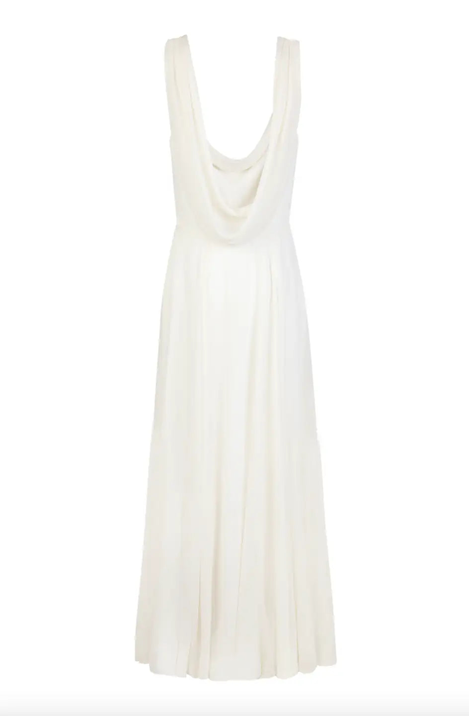 The Athena Dress in Ivory Chiffon by TH&TH is a sleeveless, floor-length bridesmaid dress with a draped cowl back, shown against a plain white background.