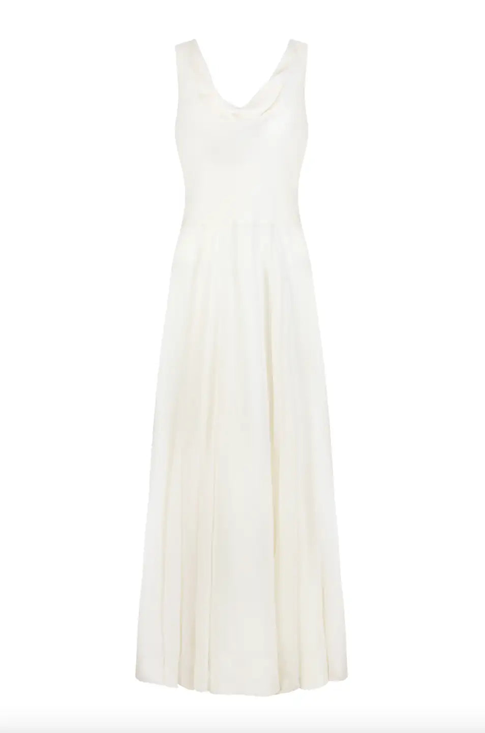 The TH&TH Athena Dress in Ivory Chiffon is a sleeveless bridesmaid dress with a cowl neck and gently flared, flowing skirt—beautifully shown on a plain white background.