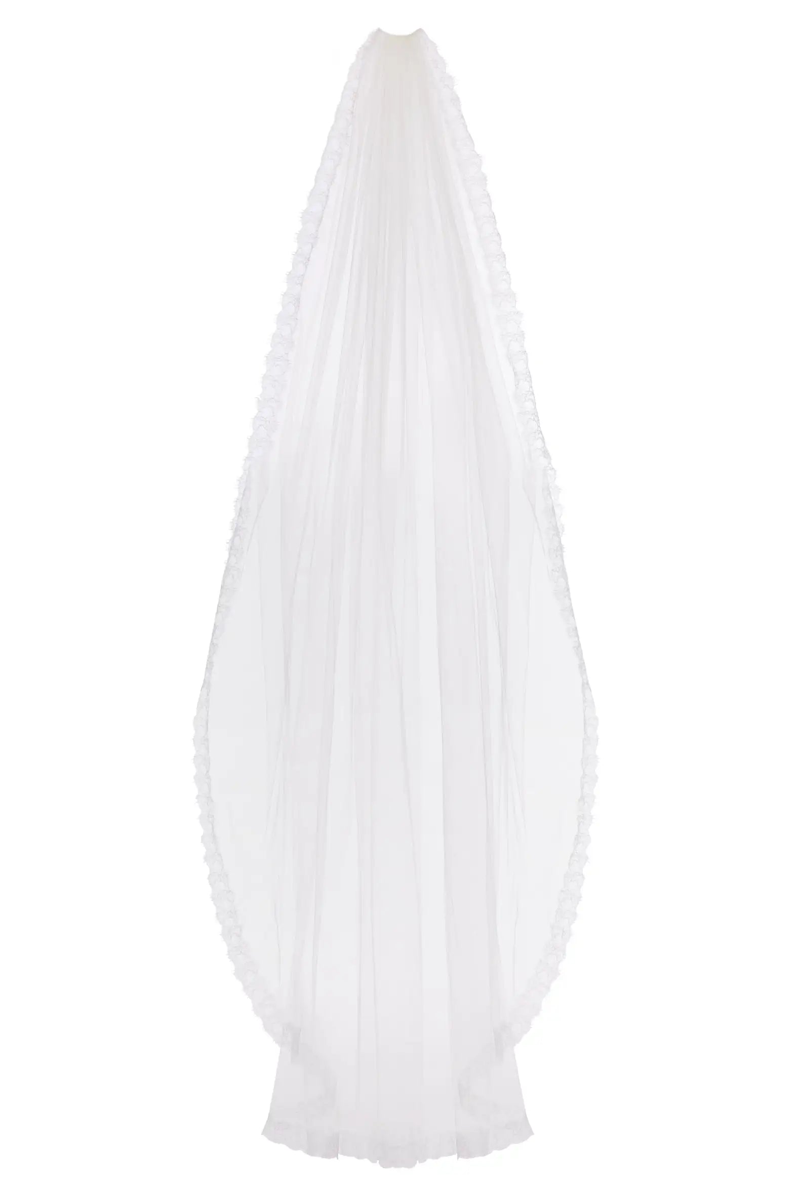 The Ava French Lace Veil by TH&TH is a long, sheer white bridal veil featuring delicate lace trim along the edges, shown against a plain white background.