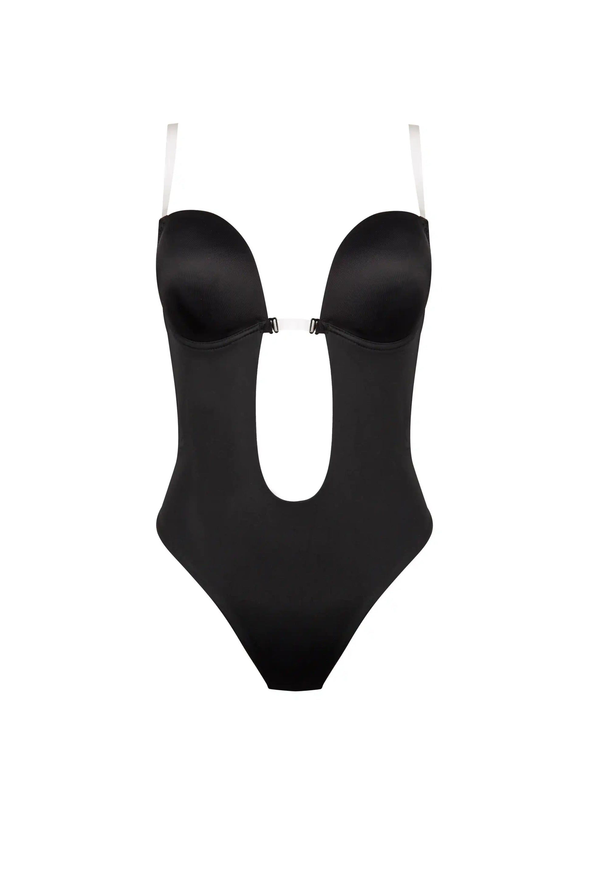 The TH & TH Backless Bodysuit In Black features padded cups, underwire support, an open front cutout below the bust, high-cut legs, and thin white adjustable shoulder straps, shown against a white background.