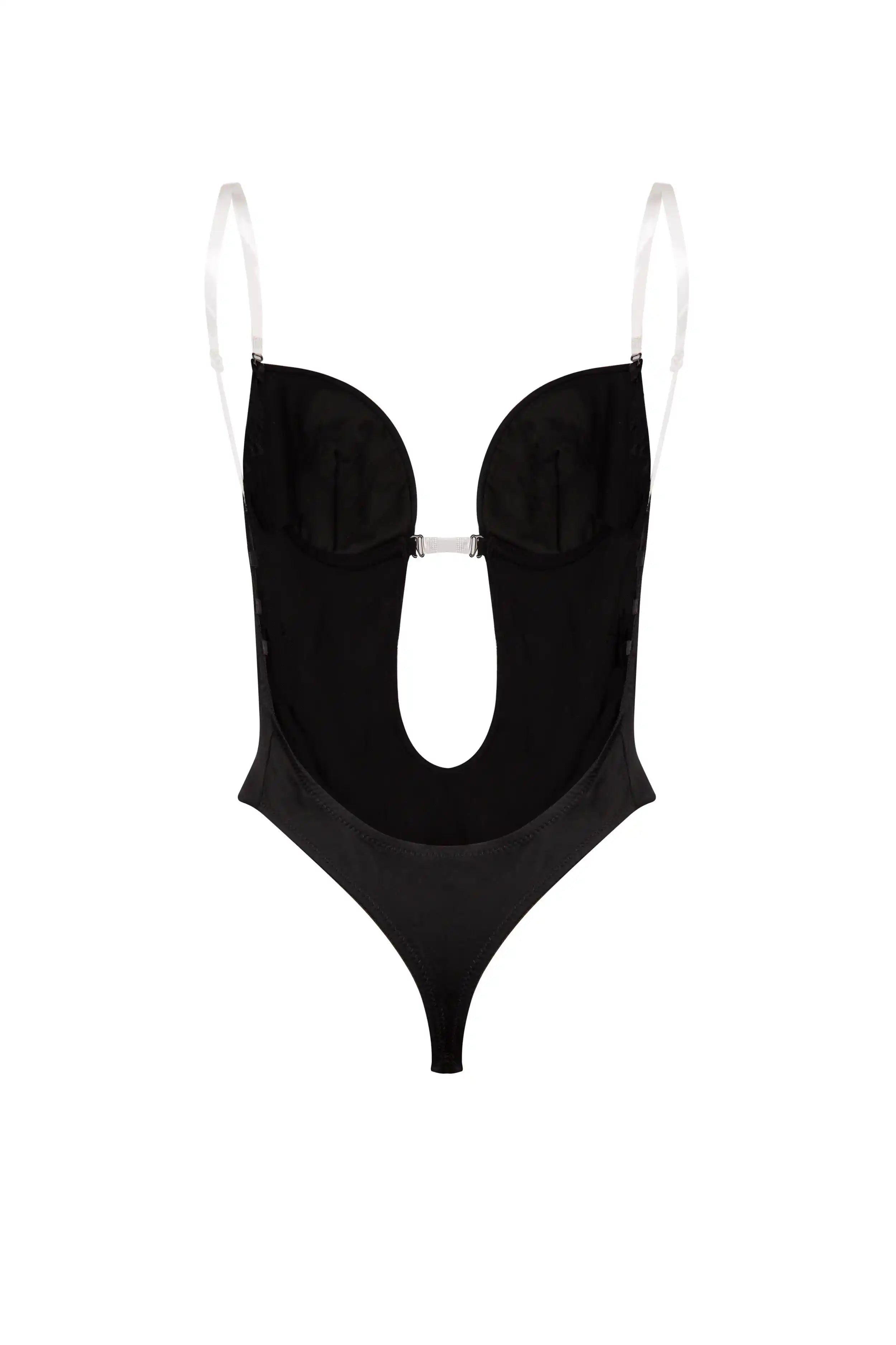 The Backless Bodysuit In Black by TH & TH features white adjustable straps, an underwire bra top, a bold front cut-out, and a stylish thong back, shown on a white background.