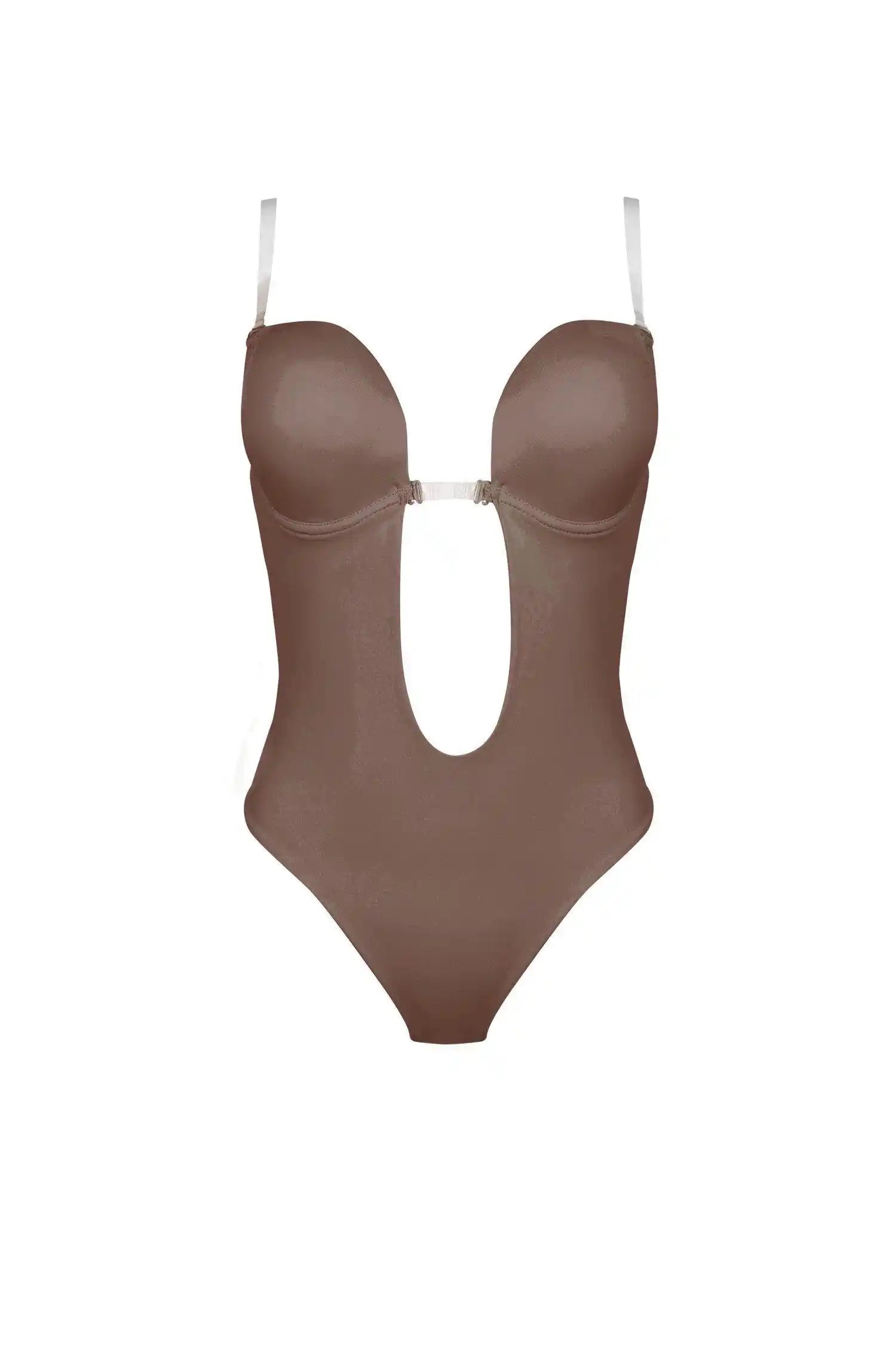 The Backless Bodysuit In Mocha by TH & TH is a brown, high-cut, backless piece featuring a deep U-shaped front cutout, molded cups, underwire support, adjustable thin straps, and thong cut, shown on a plain white background.