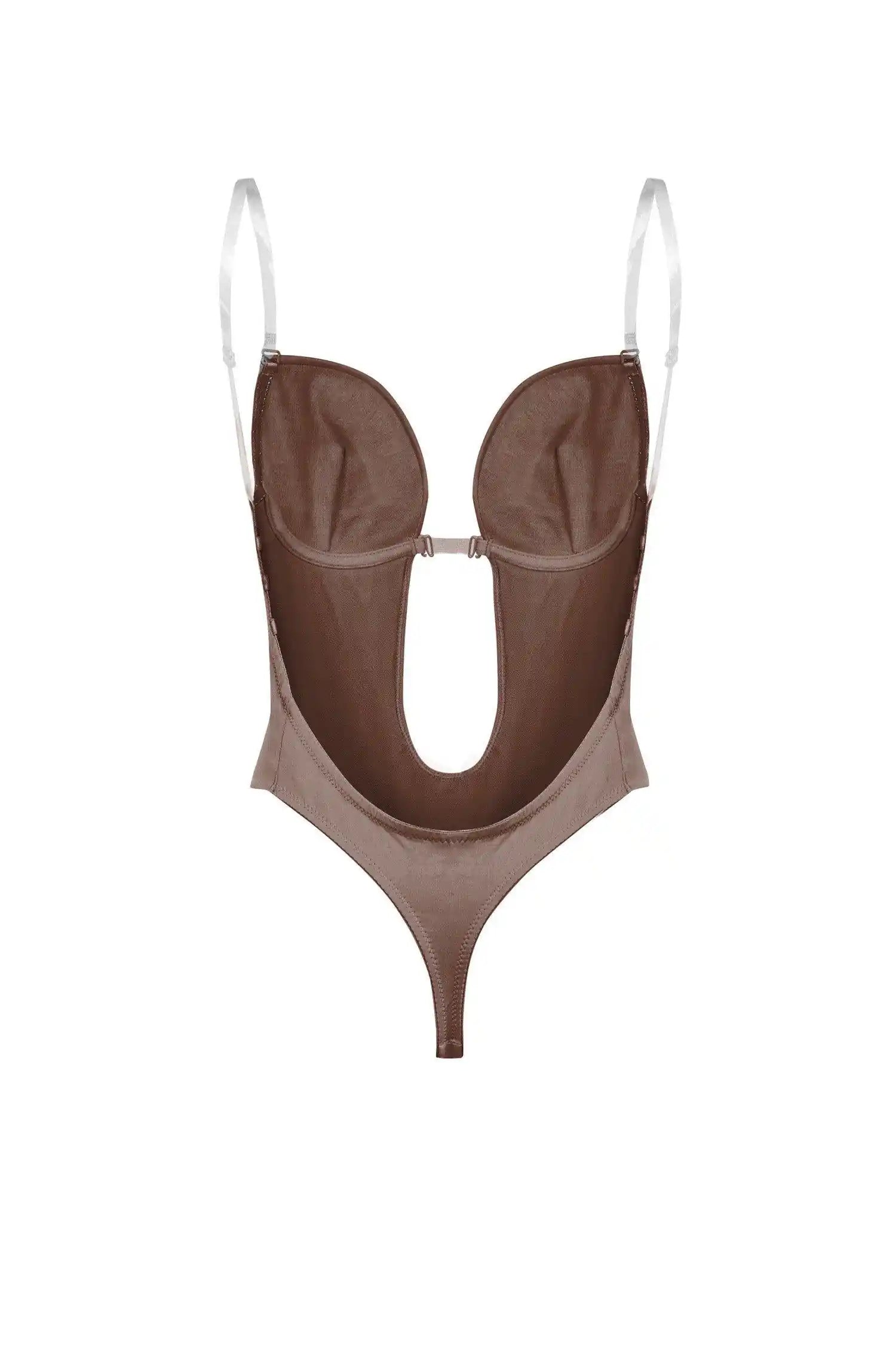 The Backless Bodysuit in Mocha by TH & TH features white adjustable straps, underwire cups for support, and a high-cut thong design, shown against a white background.