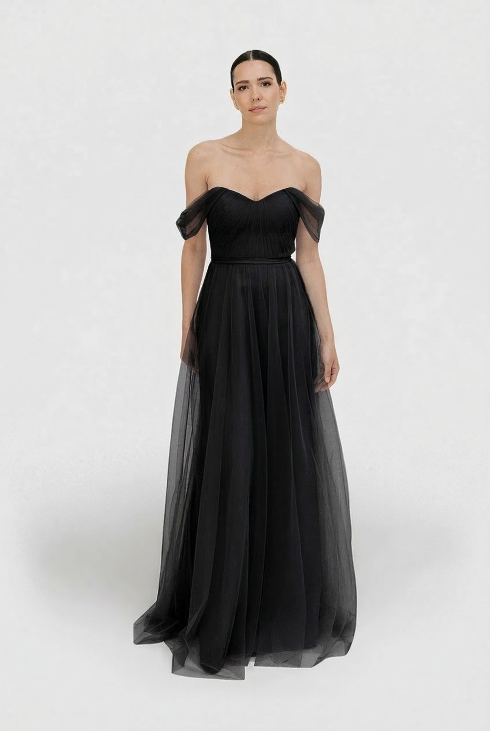 Bardot Bridesmaid Dress in Black Tulle
