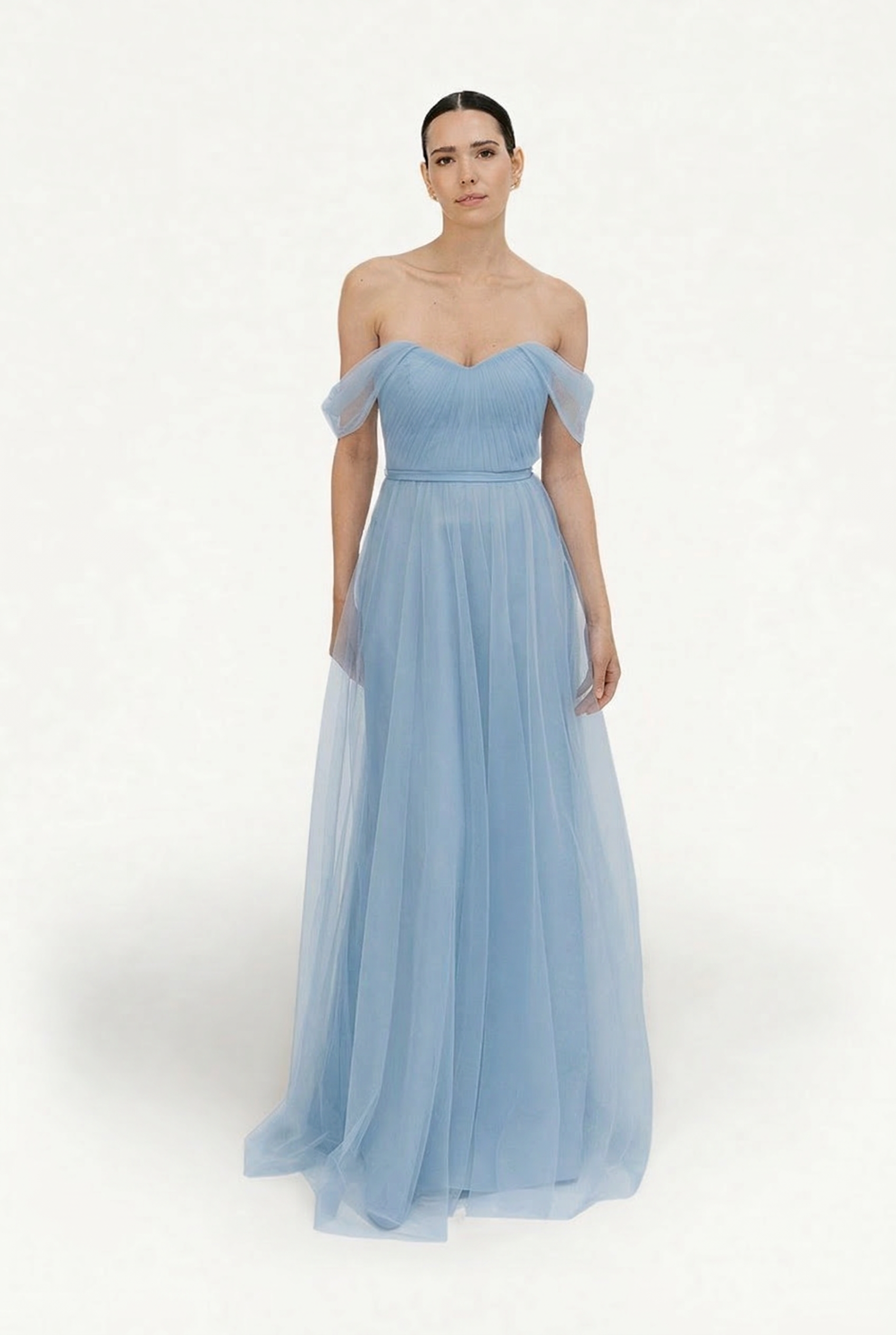 Bardot Bridesmaid Dress in Dusty Blue Tulle