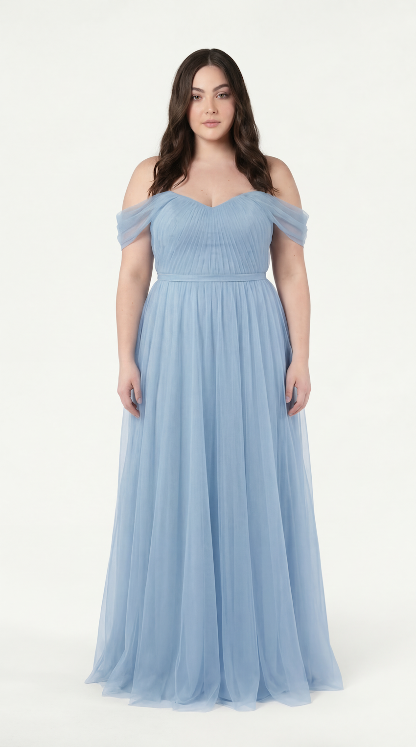Bardot Bridesmaid Dress in Dusty Blue Tulle