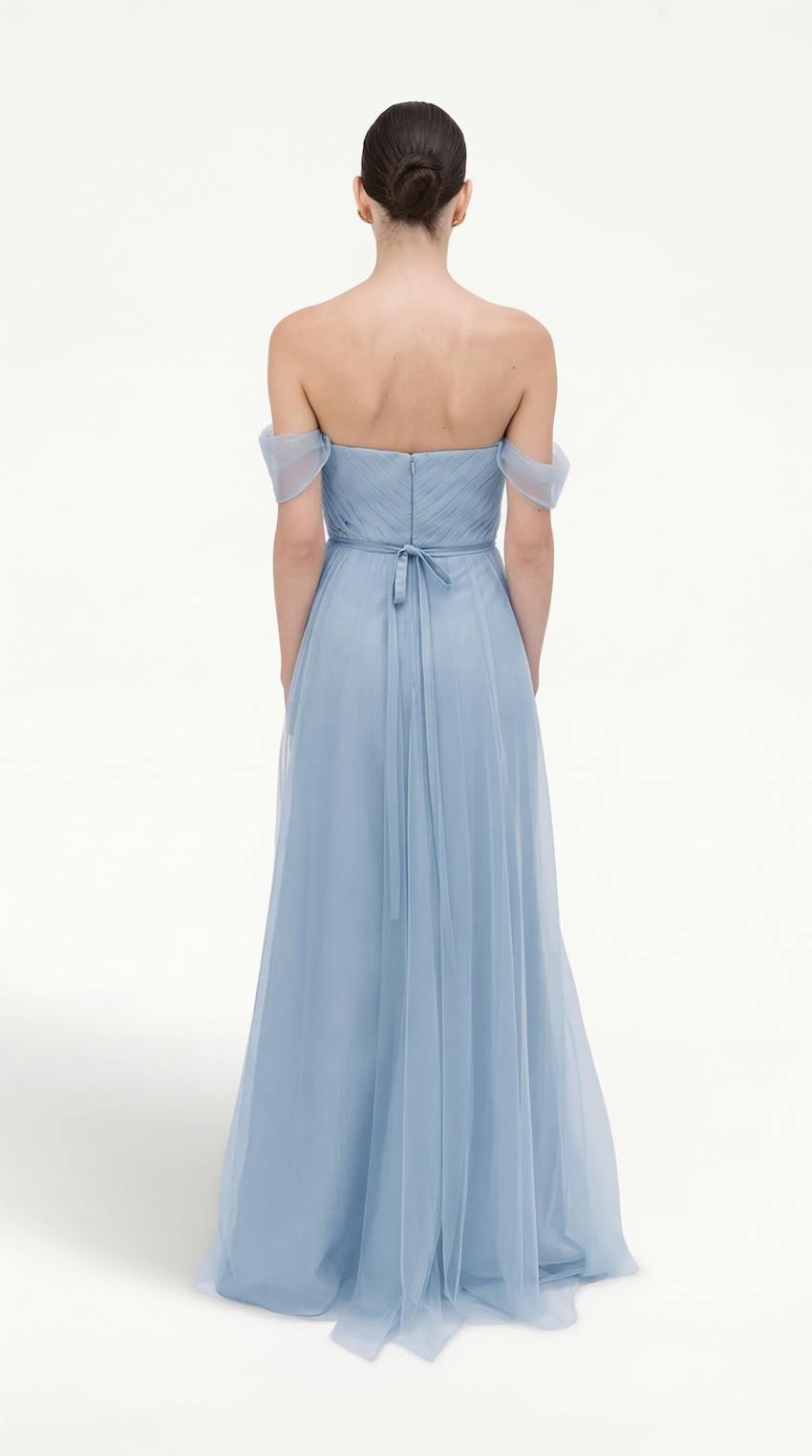 Bardot Bridesmaid Dress in Dusty Blue Tulle