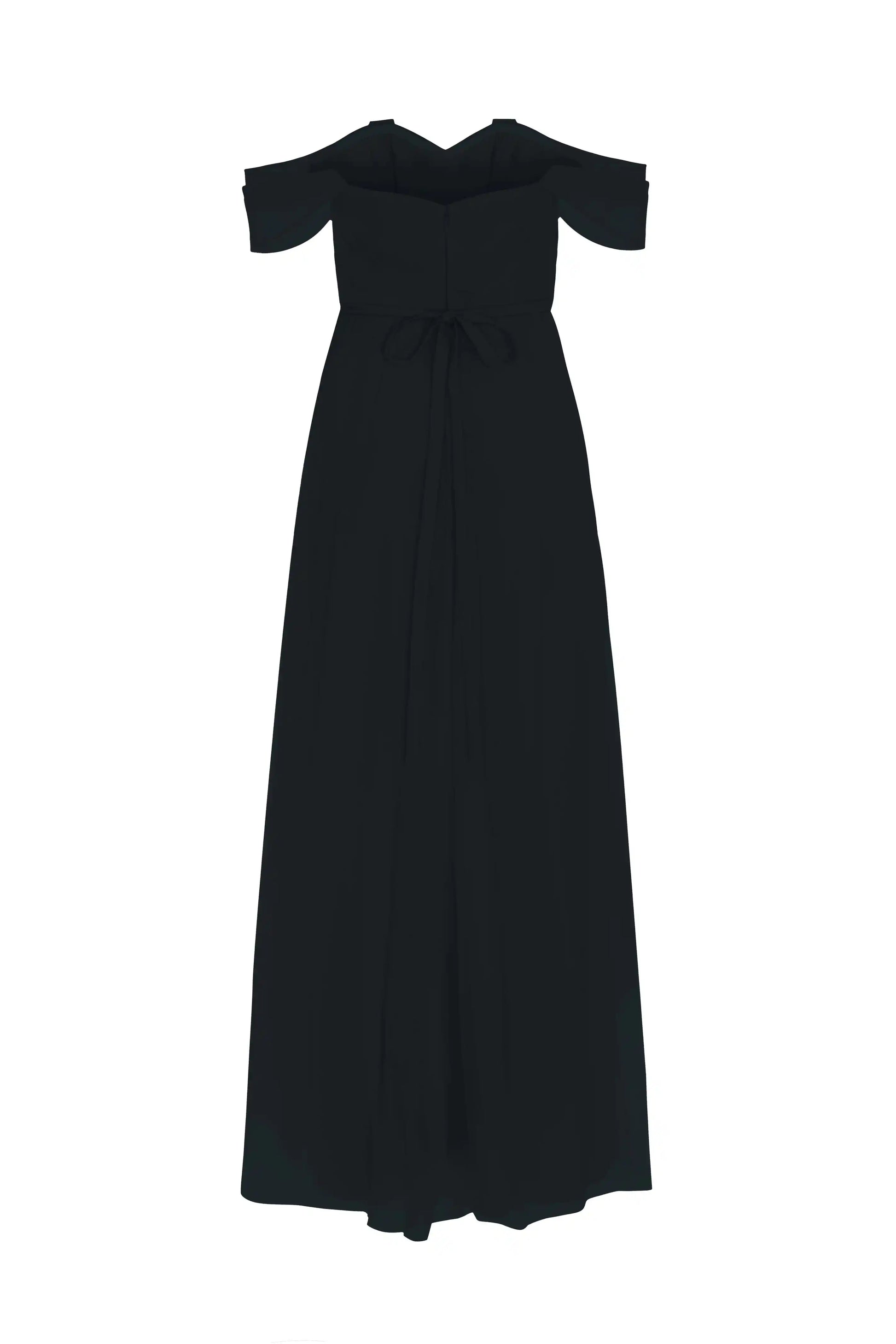 The Bardot Bridesmaid Dress in Black Tulle by TH&TH features an off-shoulder design, short sleeves, fitted bodice with a bow waist, and a flowing skirt—ideal for elegant evening occasions.