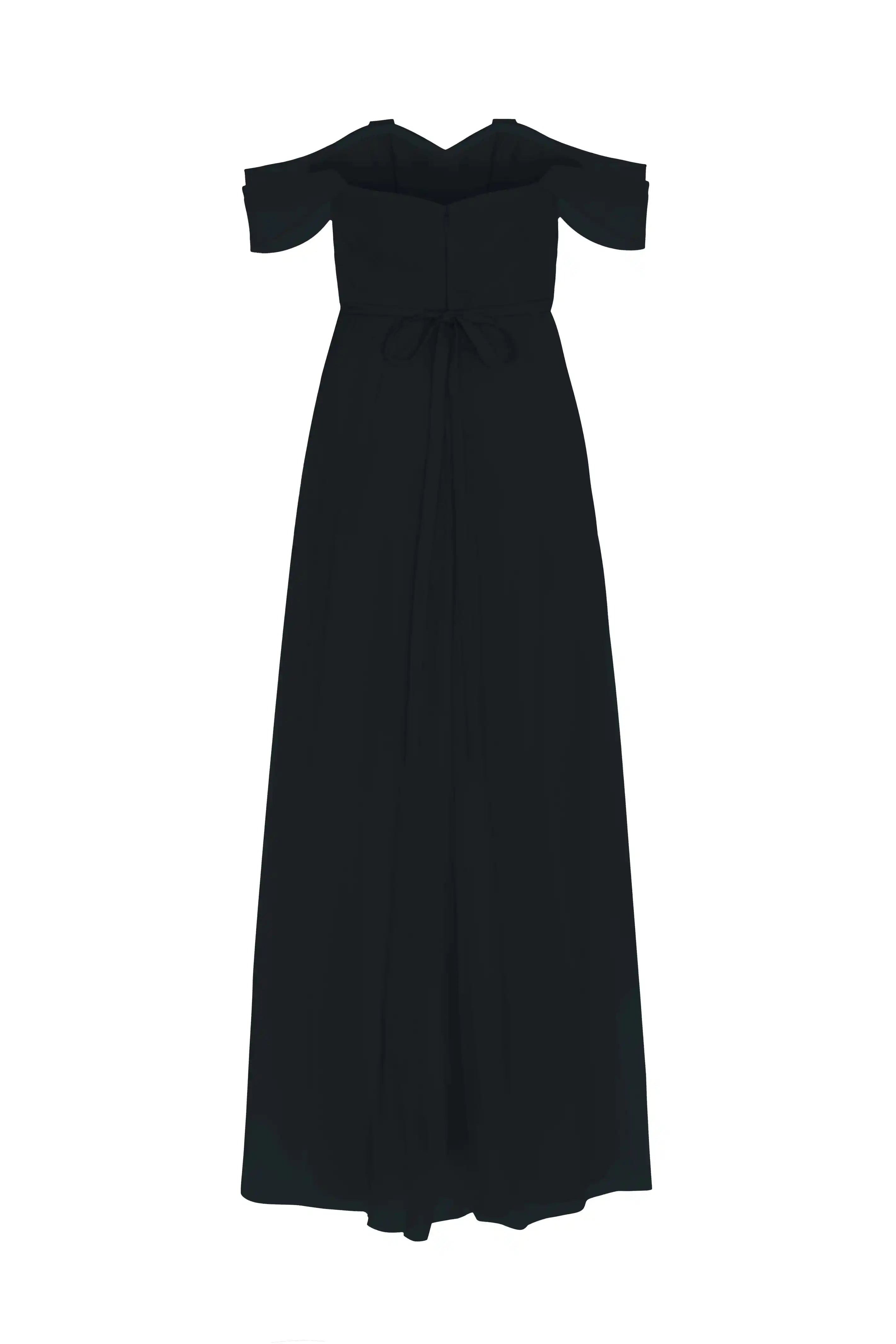 The Bardot Bridesmaid Dress in Black Tulle by TH&TH features an off-shoulder design, short sleeves, fitted bodice with a bow waist, and a flowing skirt—ideal for elegant evening occasions.