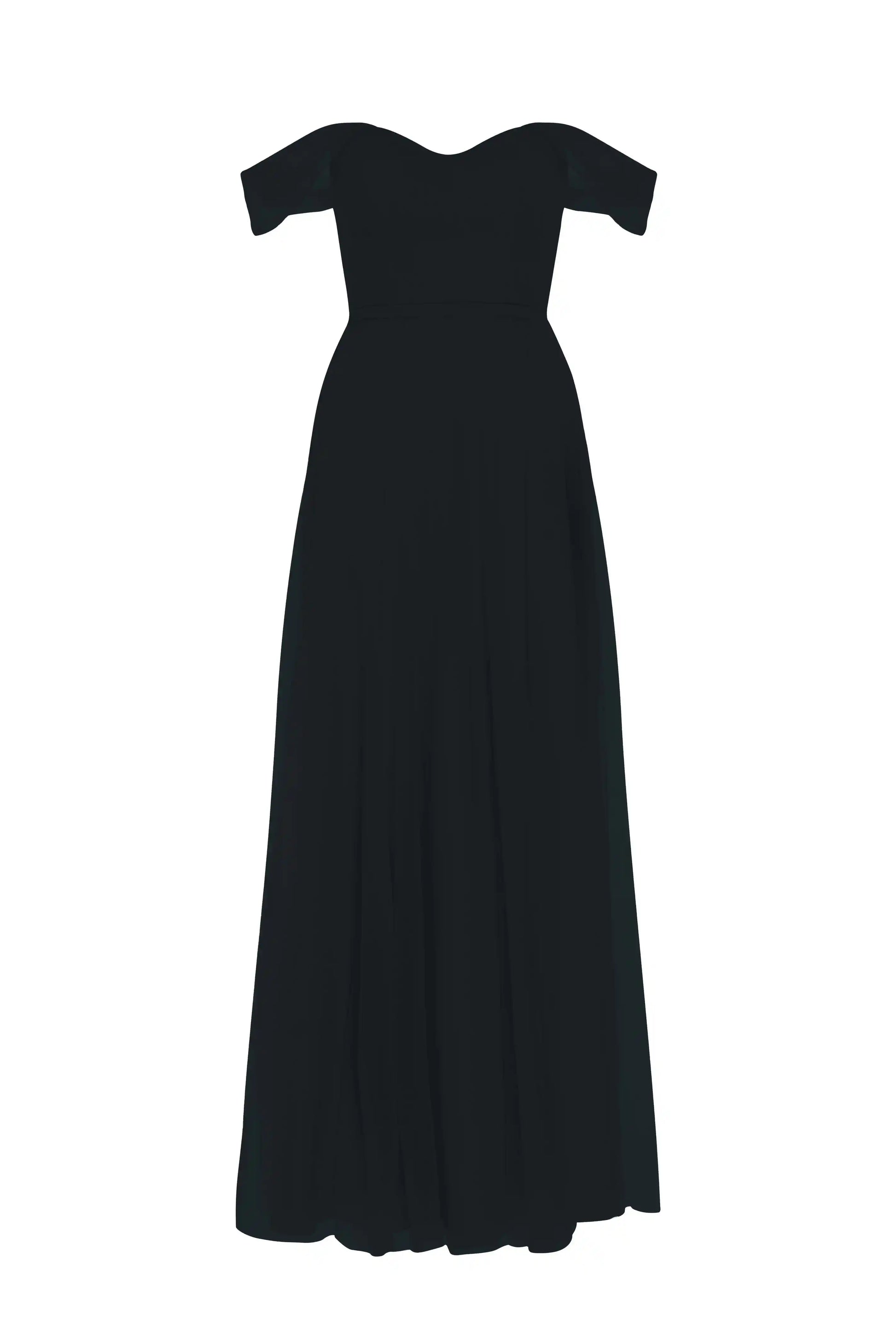 The Bardot Bridesmaid Dress in Black Tulle by TH&TH features an off-the-shoulder design, fitted bodice, and flared floor-length skirt, elegantly displayed on a white background.