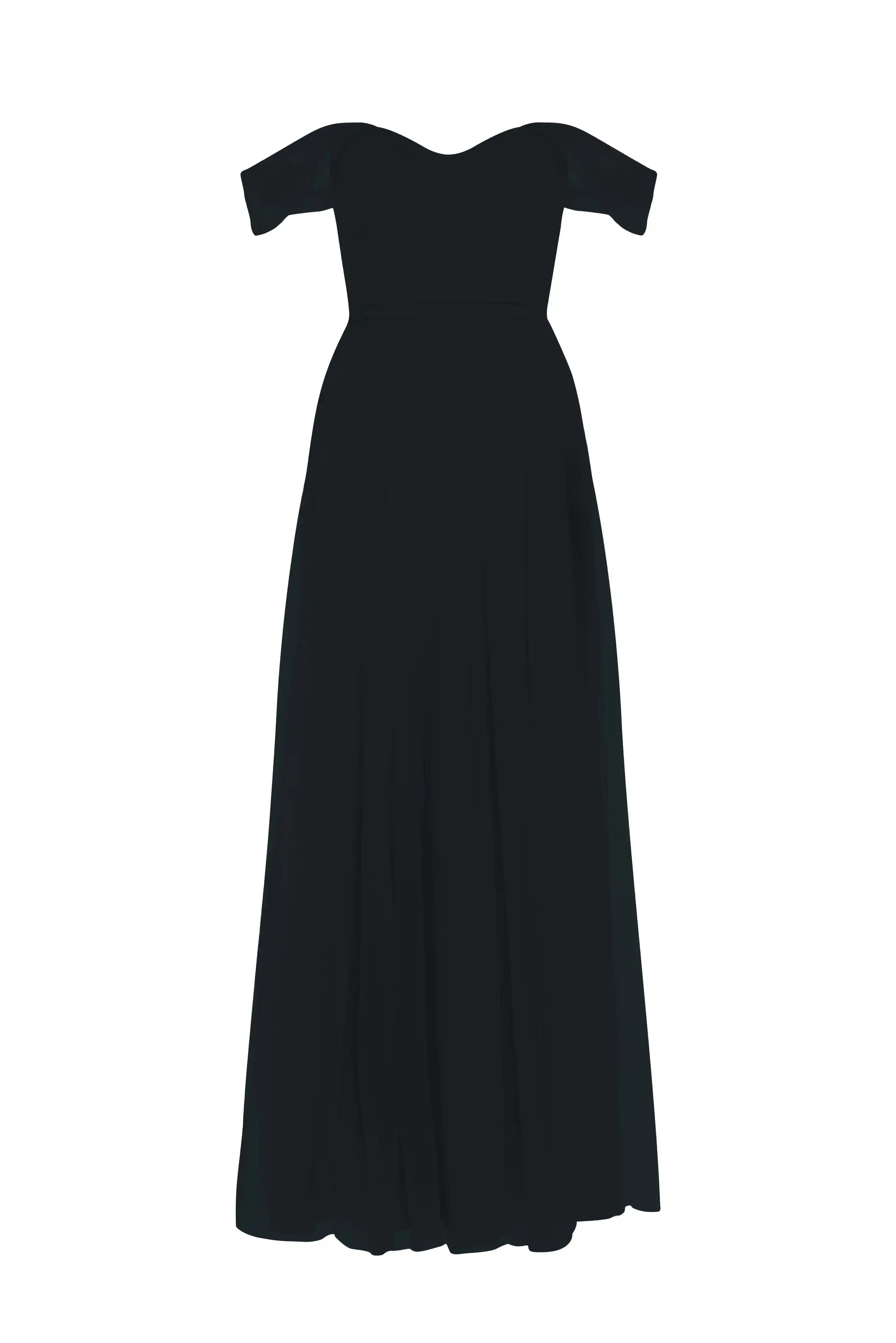 The Bardot Bridesmaid Dress in Black Tulle by TH&TH features an off-the-shoulder design, fitted bodice, and flared floor-length skirt, elegantly displayed on a white background.