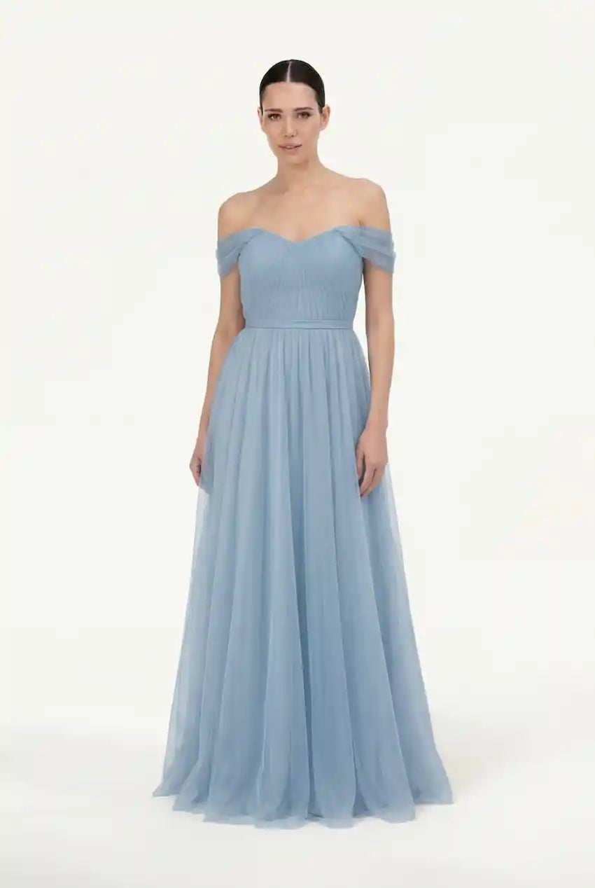 Bardot Bridesmaid Dress in Dusty Blue Tulle – TH&TH