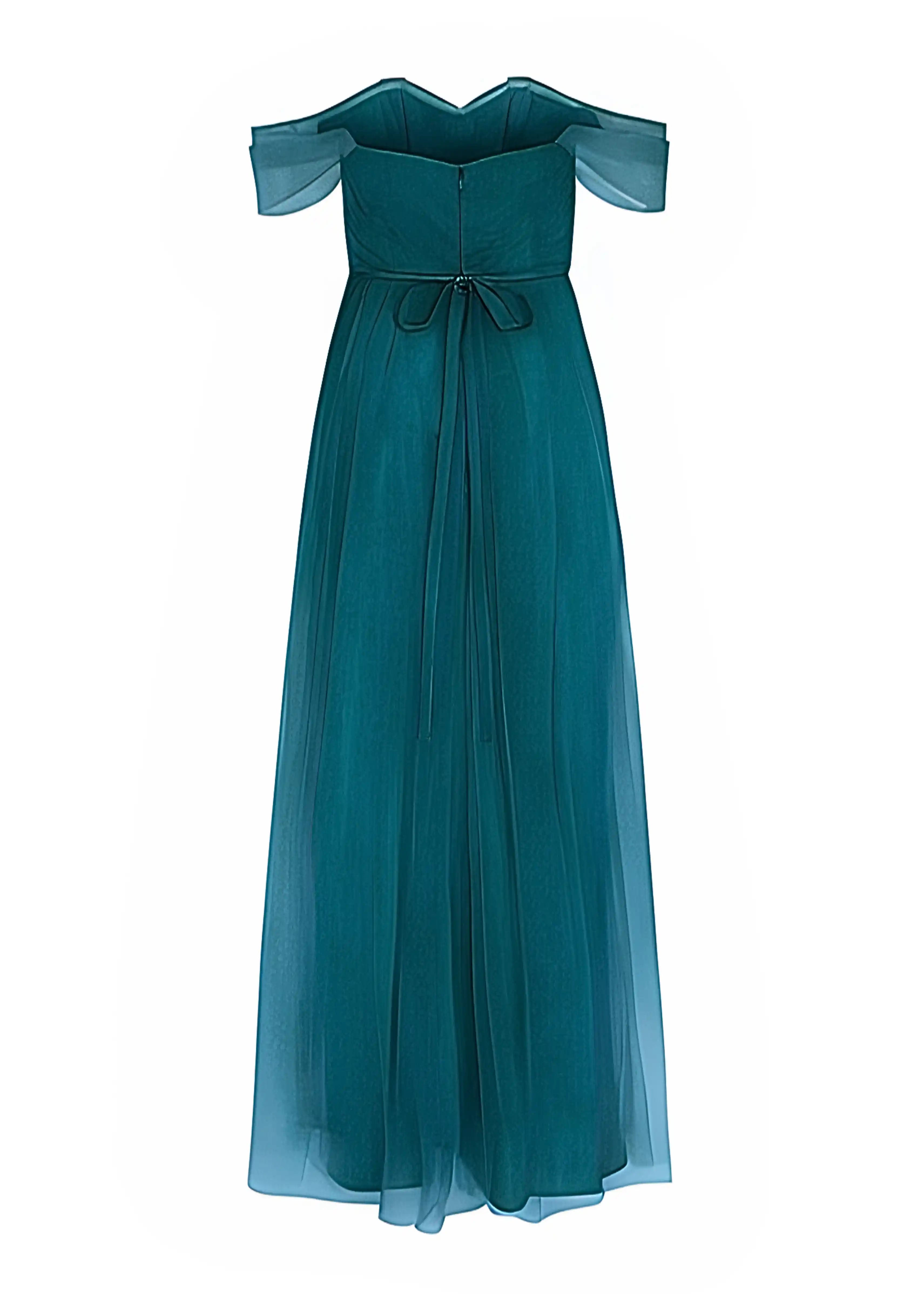 The TH&TH Bardot Bridesmaid Dress in Emerald Dawn Tulle features an off-shoulder design, sheer tulle overlay, short flutter sleeves, fitted bodice, and thin waist ribbon. Shown on a white background.