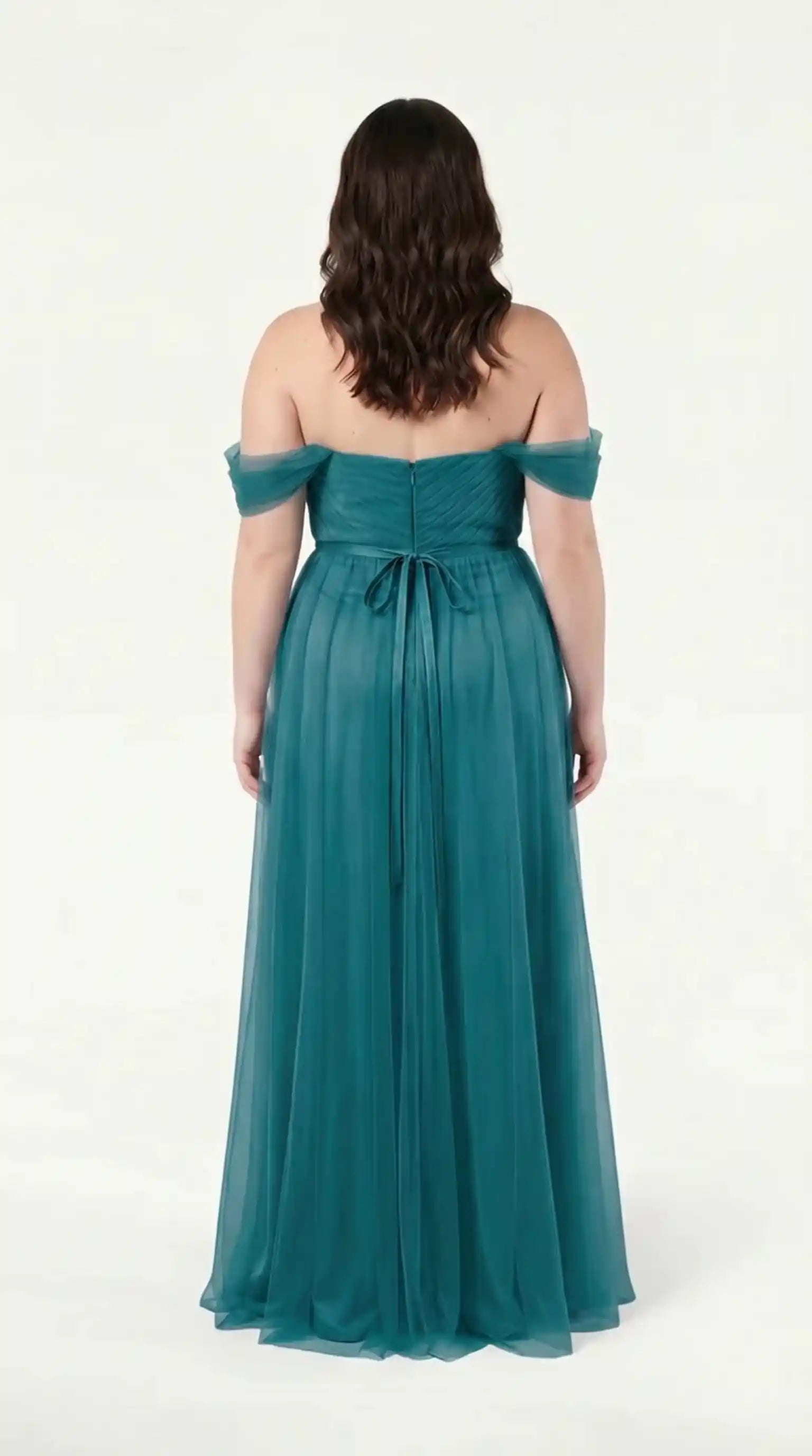 Bardot Bridesmaid Dress in Emerald Dawn Tulle