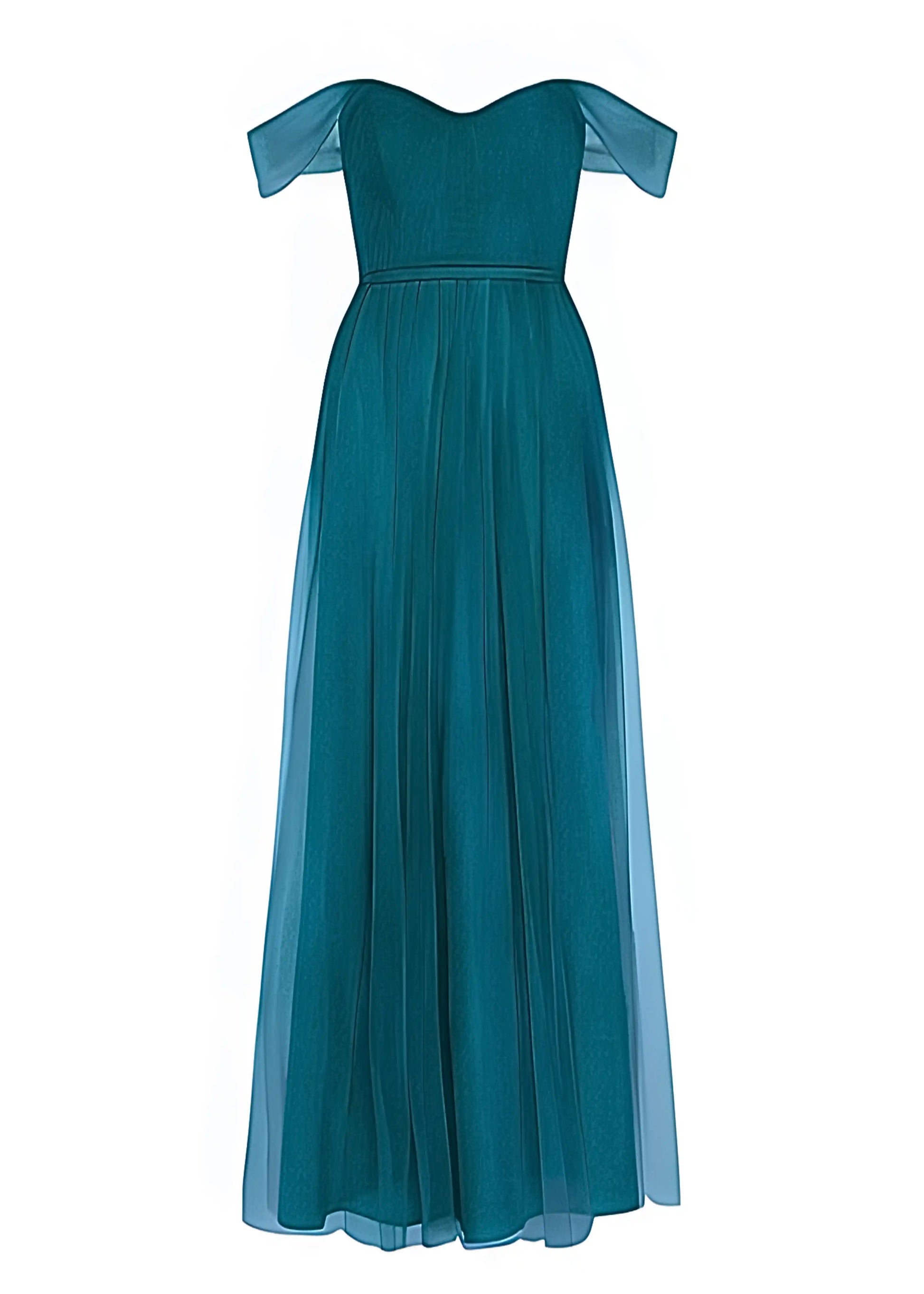 The TH&TH Bardot Bridesmaid Dress in Emerald Dawn Tulle features a fitted bodice, sweetheart neckline, off-shoulder sheer cap sleeves, and a flowing floor-length tulle skirt—perfect for elegant, formal occasions.
