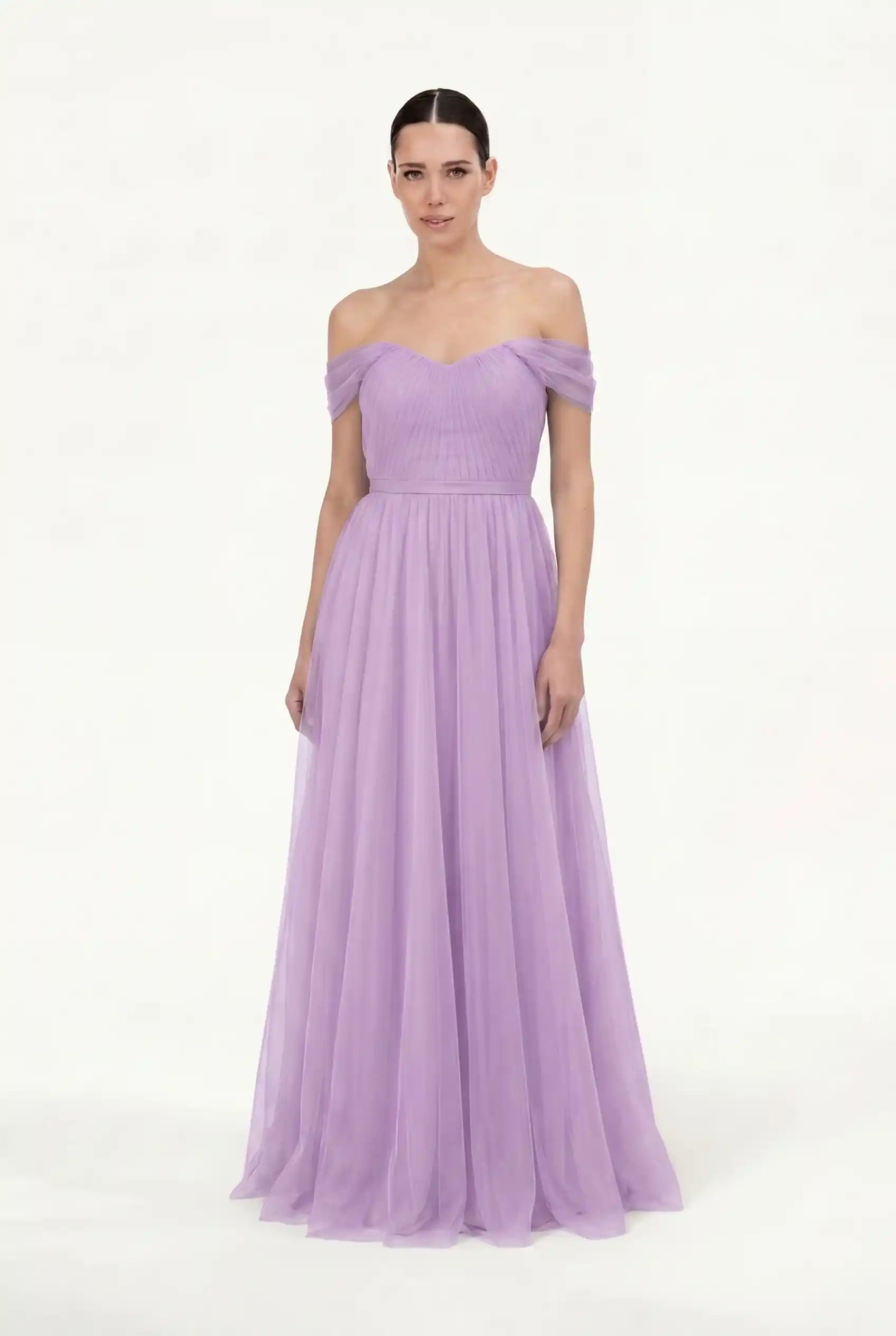 Bardot Bridesmaid Dress in Lilac Mist Tulle