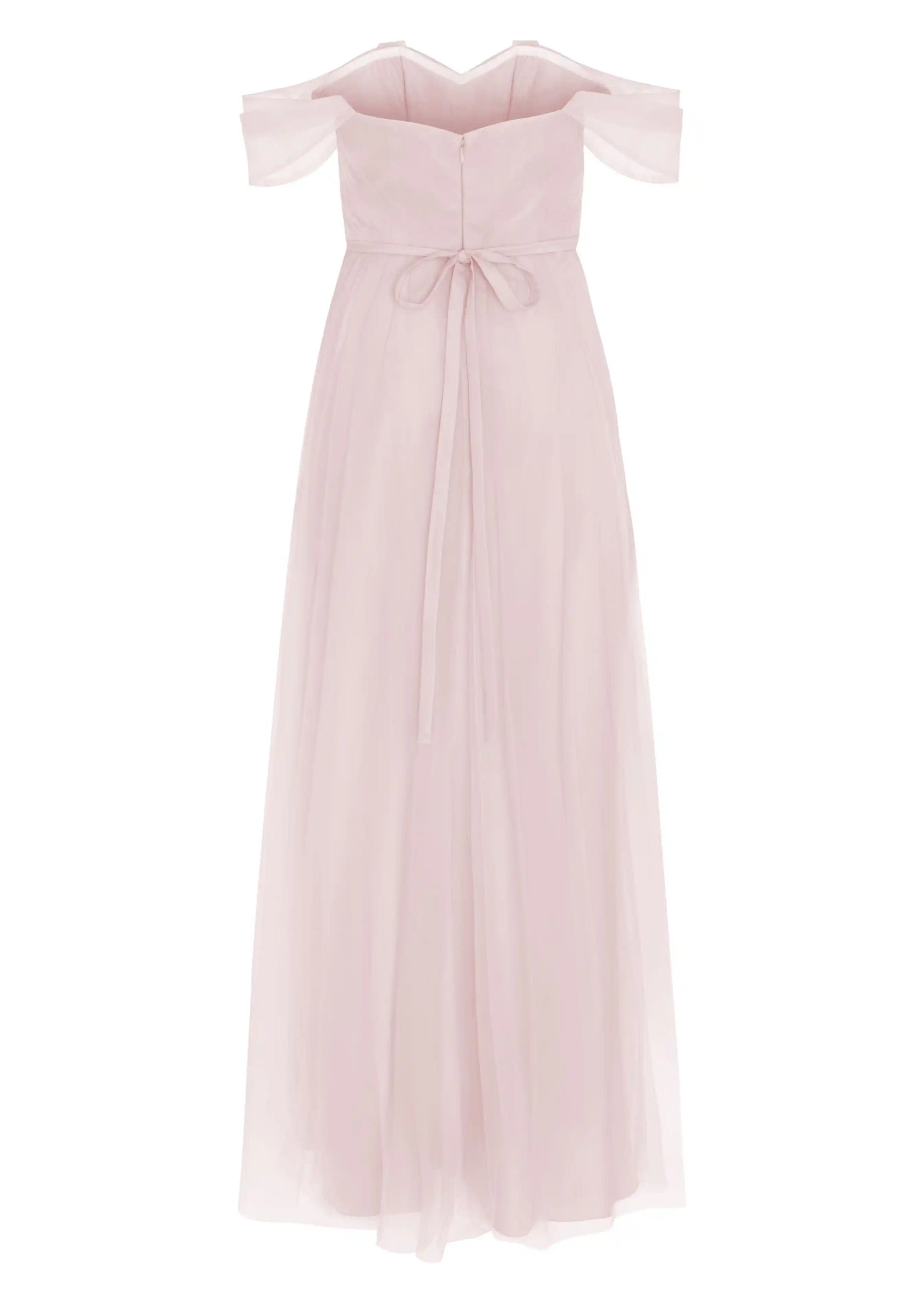The Bardot Bridesmaid Dress in Smoked Blush Tulle by TH&TH features an off-the-shoulder neckline, short sleeves, fitted bodice with waist sash, and a flowing tulle skirt for an elegant look.