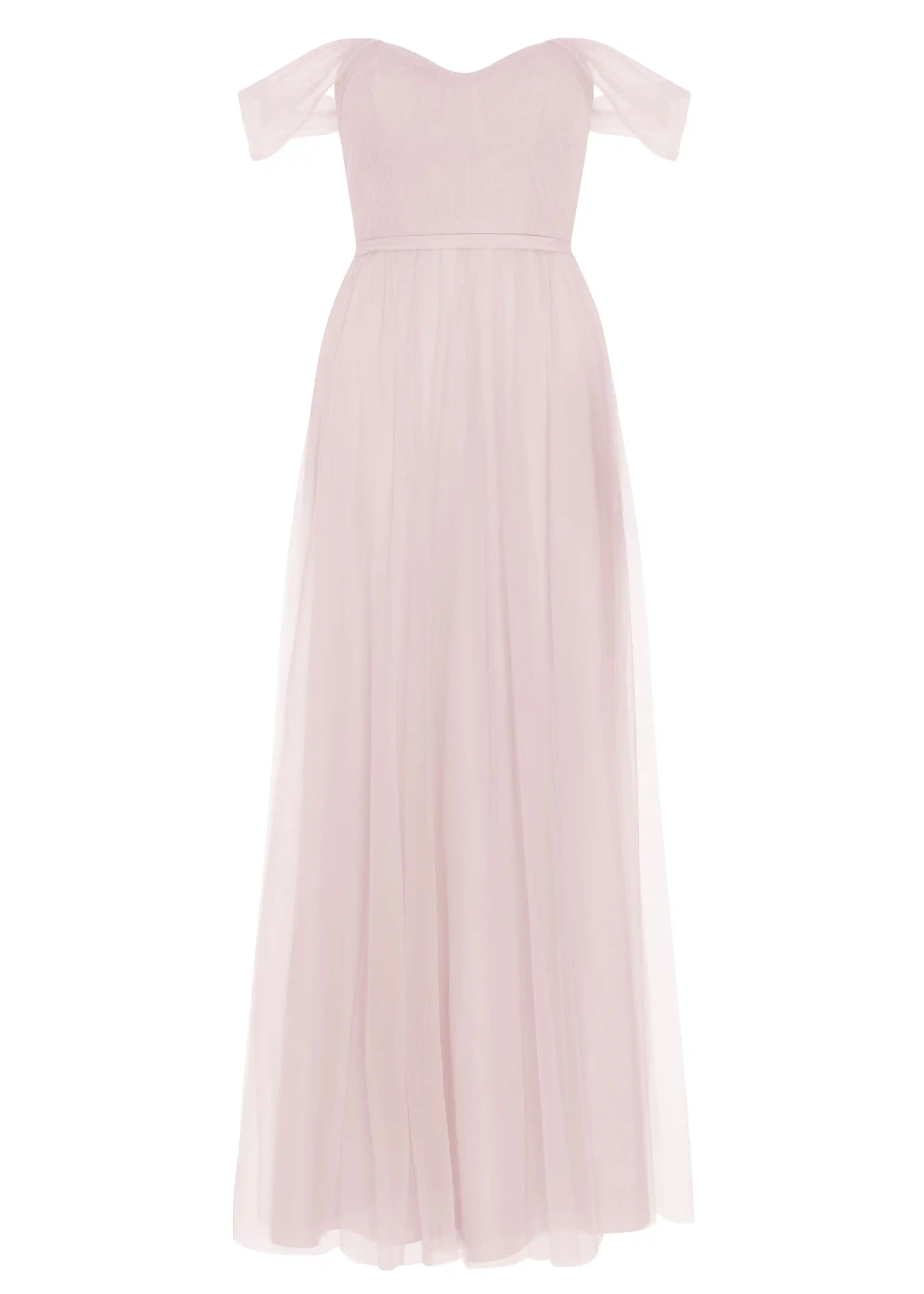 The TH&TH Bardot Bridesmaid Dress in Smoked Blush Tulle features an off-shoulder, ruched bodice and flowing sheer skirt—a stunning choice for any wedding party.