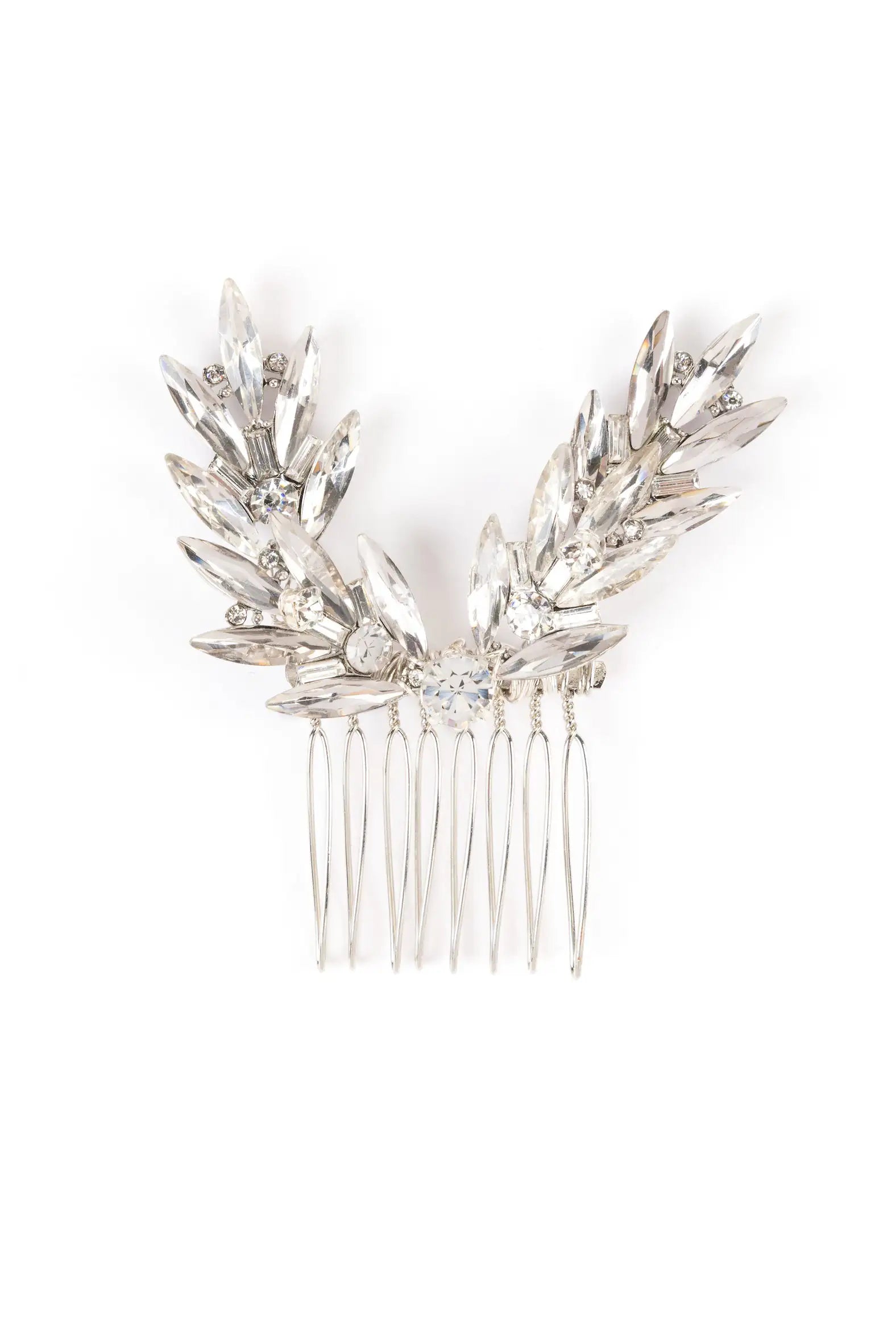 The TH&TH Beaumont Crystal Leaf Hair Comb is a silver bridal accessory featuring clear, marquise-shaped crystals in a wing-like design for an elegant, sparkling look.