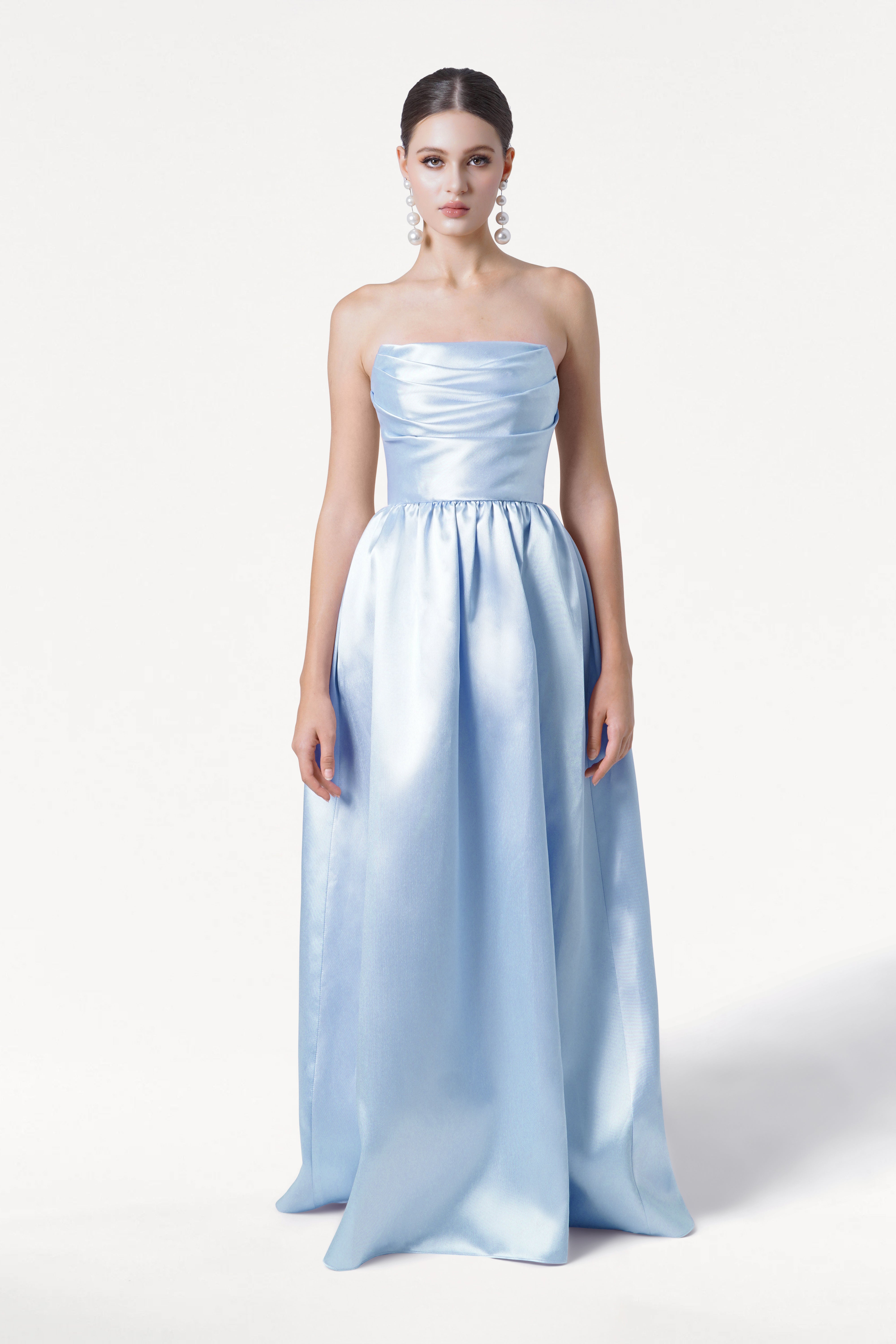 Blair Bridesmaid Dress in Frosted Blue Satin Twill