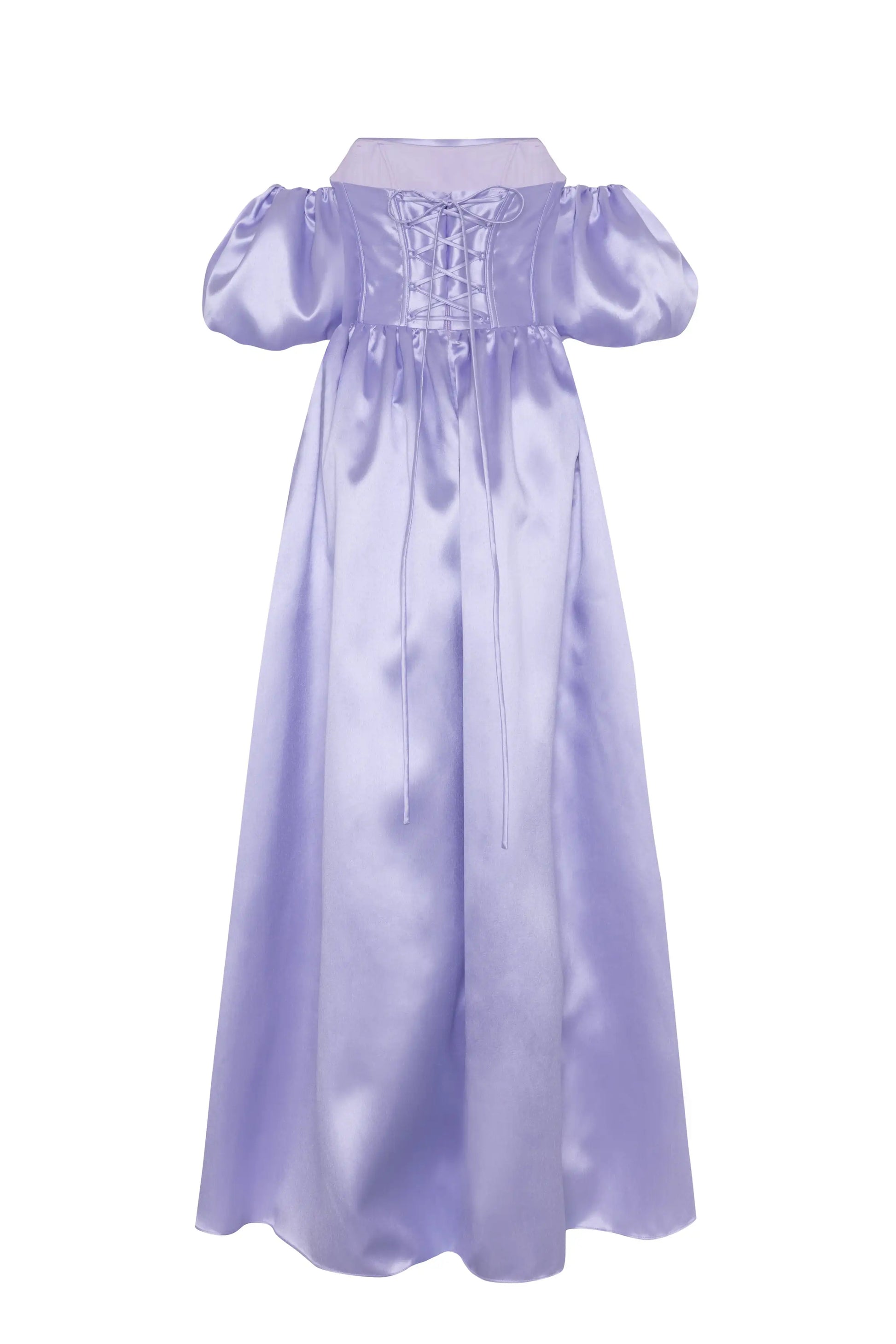 The Blair Bridesmaid Dress in Lilac Mist Satin Twill by TH&TH features puffed short sleeves, an off-the-shoulder neckline, and a corset bodice with a full satin-twill skirt—ideal for a standout wedding or bridal party look.