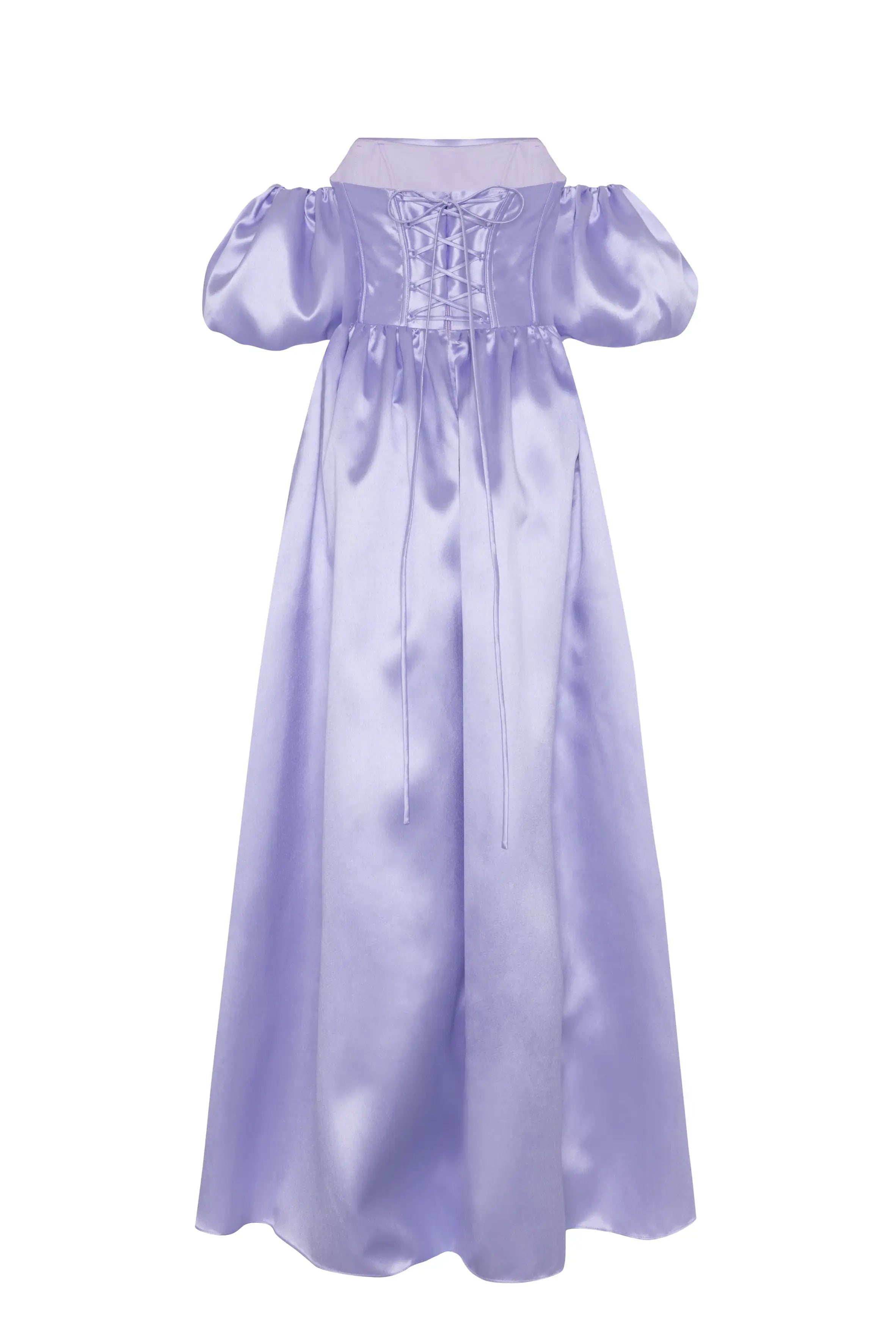 The Blair Bridesmaid Dress in Lilac Mist Satin Twill by TH&TH features puffed short sleeves, an off-the-shoulder neckline, and a corset bodice with a full satin-twill skirt—ideal for a standout wedding or bridal party look.