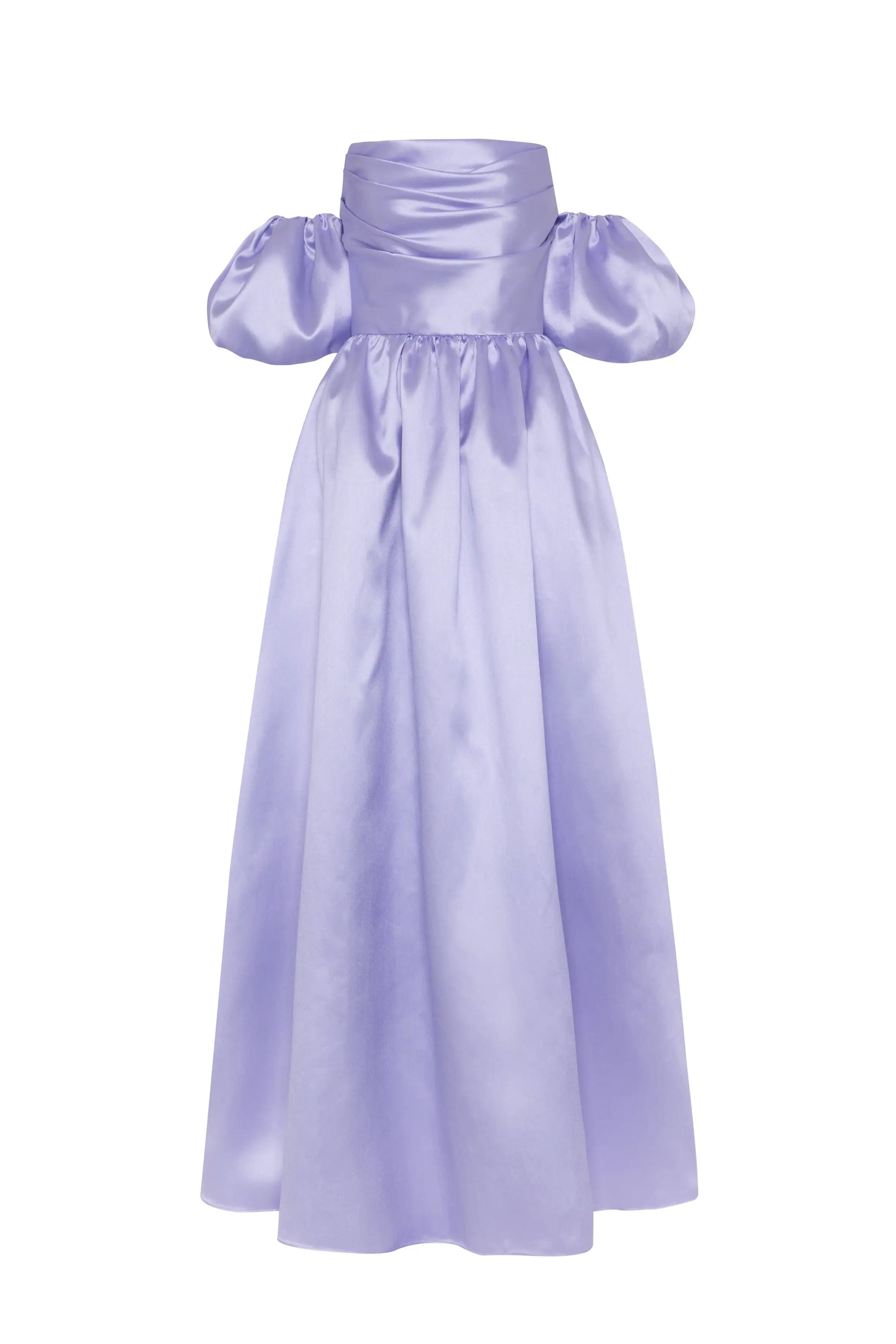 The Blair Bridesmaid Dress in Lilac Mist Satin Twill by TH&TH features an off-the-shoulder neckline, short puff sleeves, a fitted corset bodice, and a long flowing skirt.