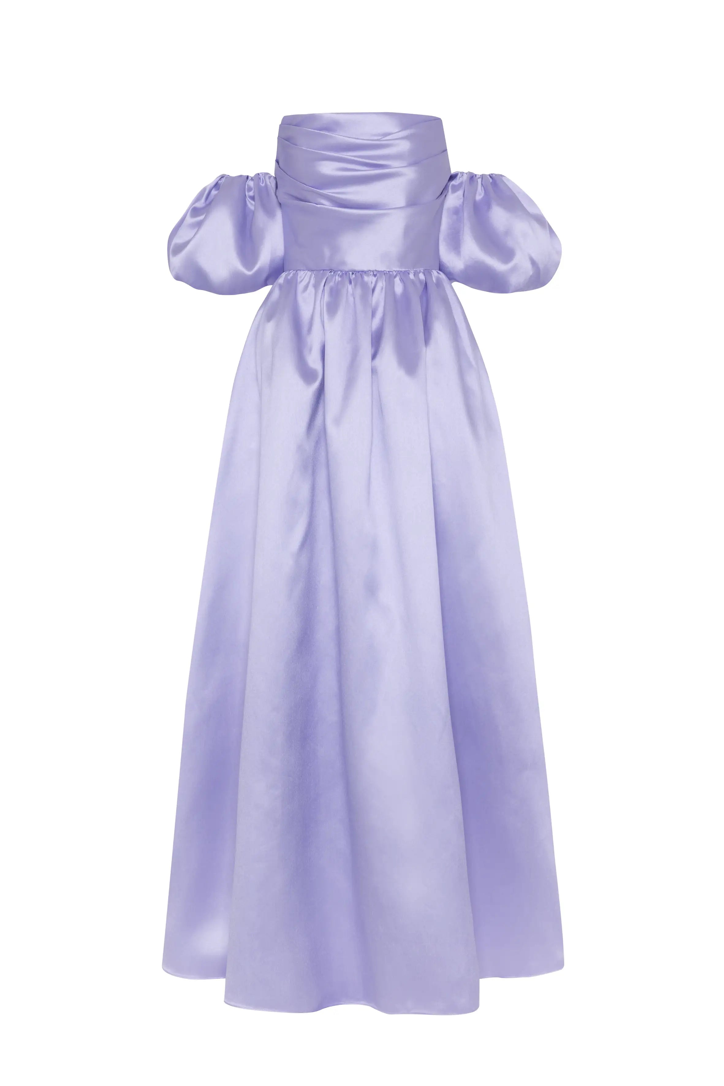 The Blair Bridesmaid Dress in Lilac Mist Satin Twill by TH&TH features an off-the-shoulder neckline, short puff sleeves, a fitted corset bodice, and a long flowing skirt.