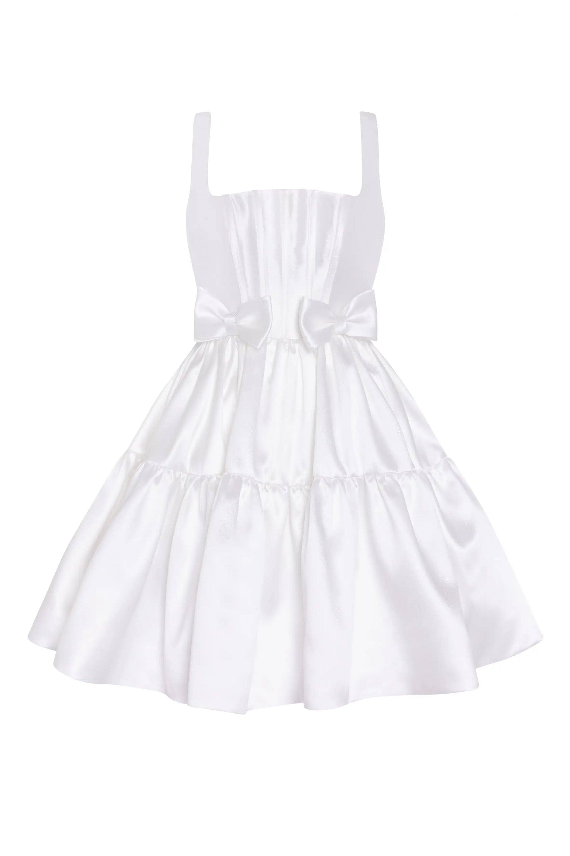The Bloom Bridal Mini Dress in Ivory by TH&TH is a sleeveless satin twill mini with a square neckline, corseted bodice, flared skirt, and two decorative bows at the waist.