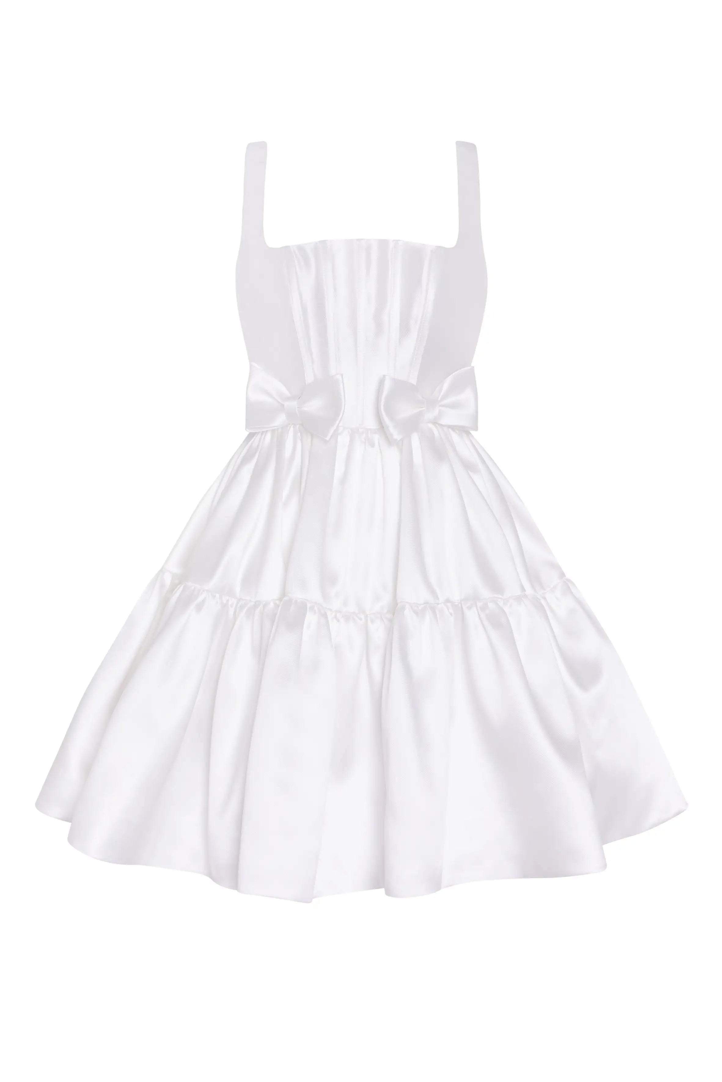 The Bloom Bridal Mini Dress in Ivory by TH&TH is a sleeveless satin twill mini with a square neckline, corseted bodice, flared skirt, and two decorative bows at the waist.