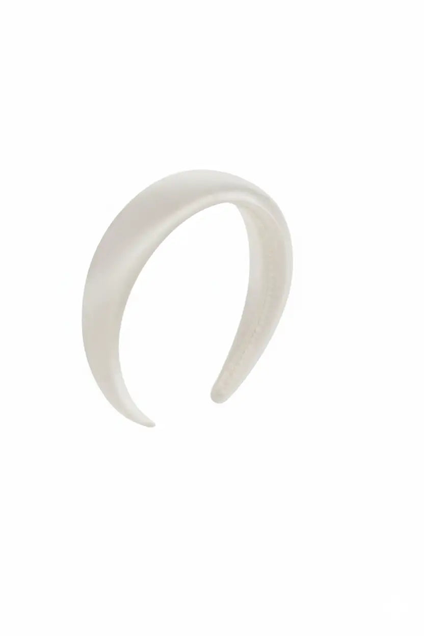 The TH&TH Bridal Matt Satin Headband features a wide, smooth, ivory satin design with padding and an open curve, ideal for bridal styling—shown against a plain white background.